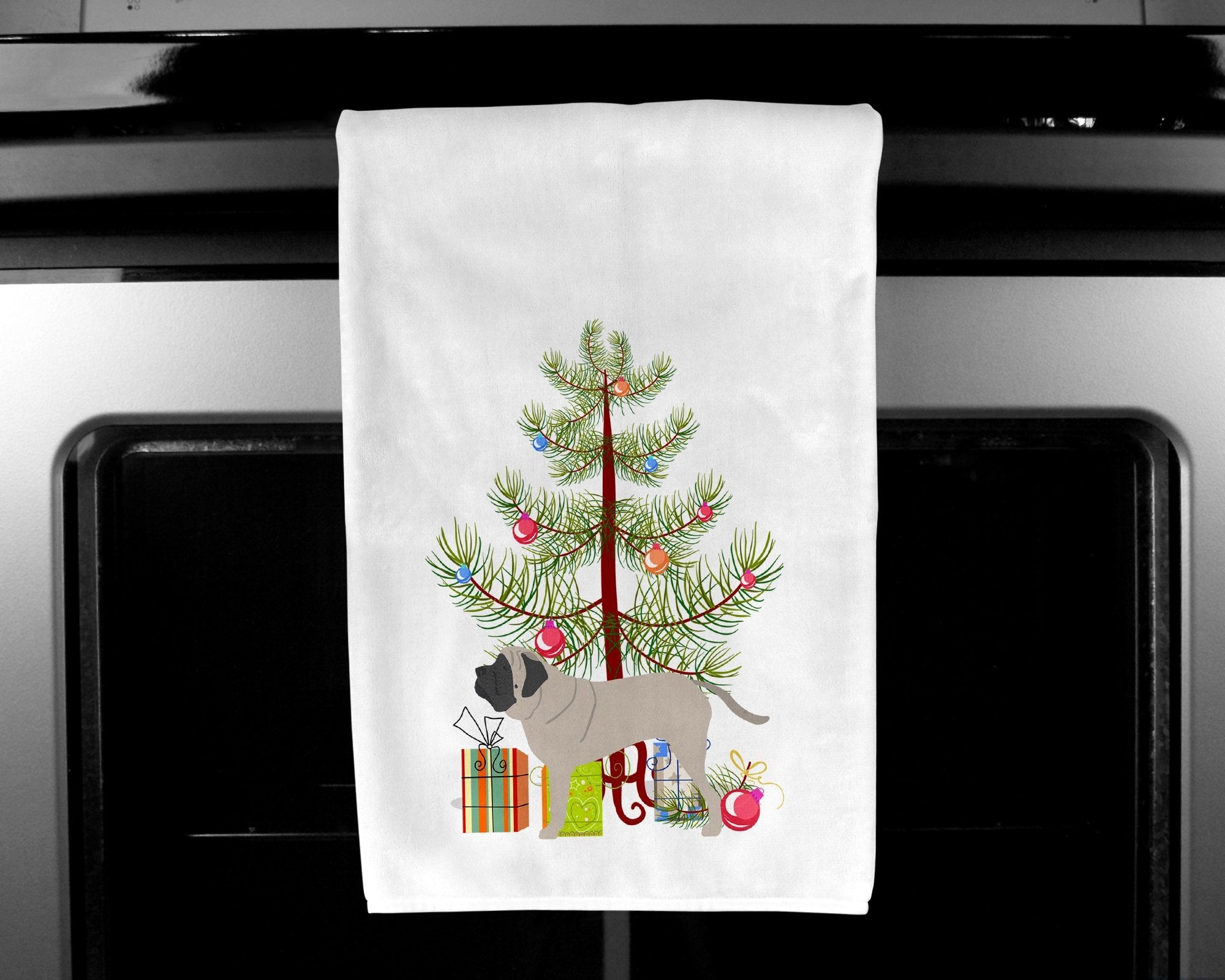 English Mastiff Merry Christmas Tree Kitchen Towel Set of 2 White Dish Towels Decorative Bathroom Hand towel for Hand, Face, Hair, Yoga, Tea, Dishcloth, 19 X 28", White