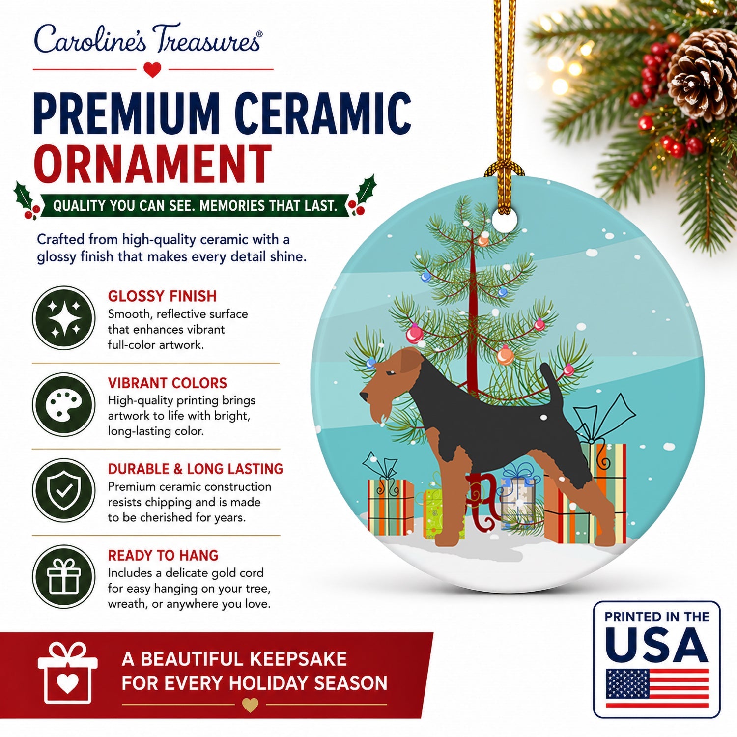 Airedale Terrier Merry Christmas Tree Ceramic Ornament Christmas Tree Hanging Decorations for Home Christmas Holiday, Party, Gift, 3 in, Multicolor