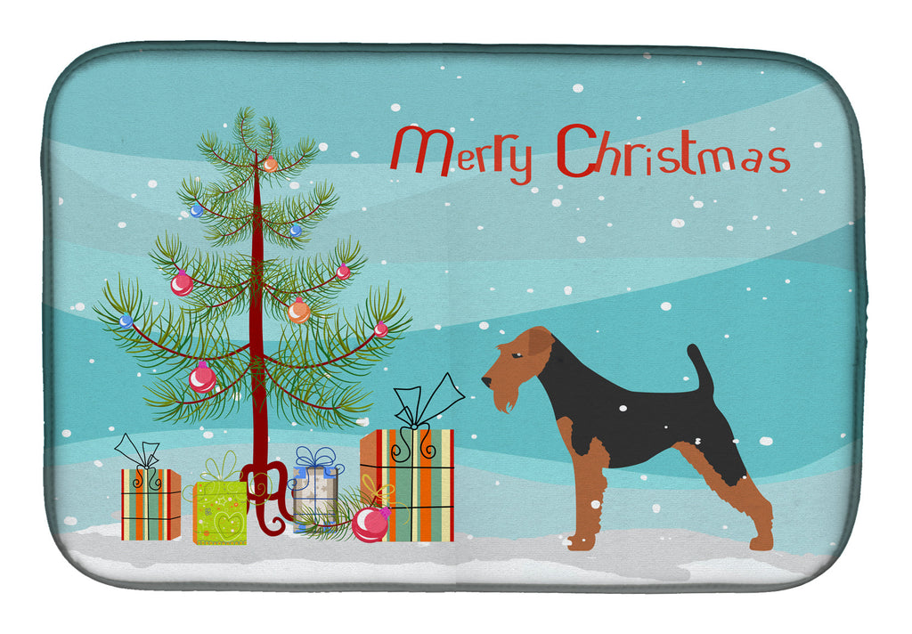 Airedale Terrier Merry Christmas Tree Dish Drying Mat Absorbent Dish Drying Mat Pad for Kitchen Counter Dish Drainer Mat for Countertop, 14 x 21", Multicolor