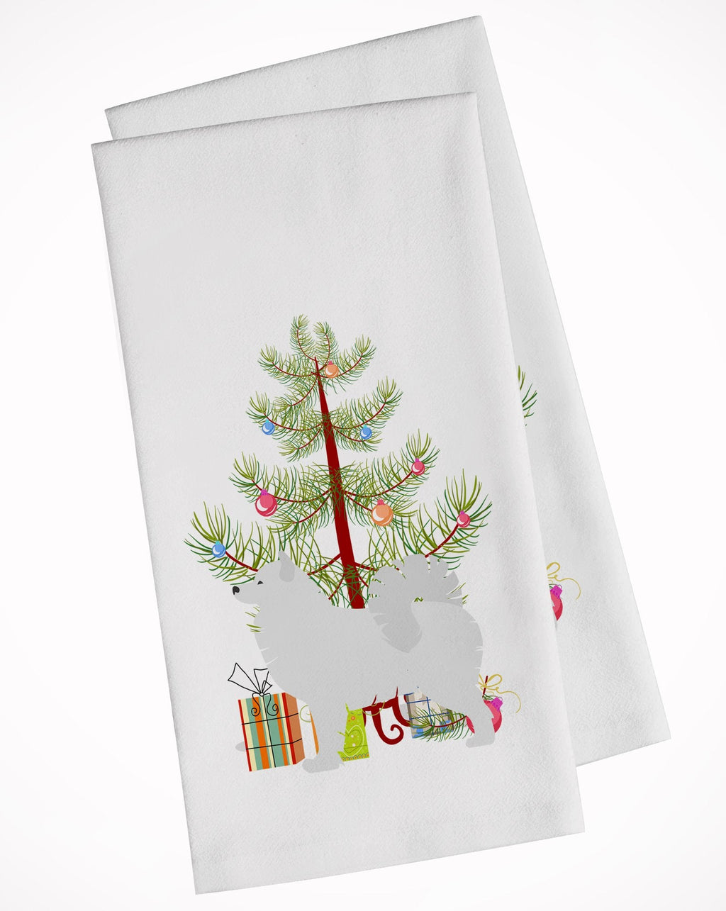 Samoyed Merry Christmas Tree Kitchen Towel Set of 2 White Dish Towels Decorative Bathroom Hand towel for Hand, Face, Hair, Yoga, Tea, Dishcloth, 19 X 28", White
