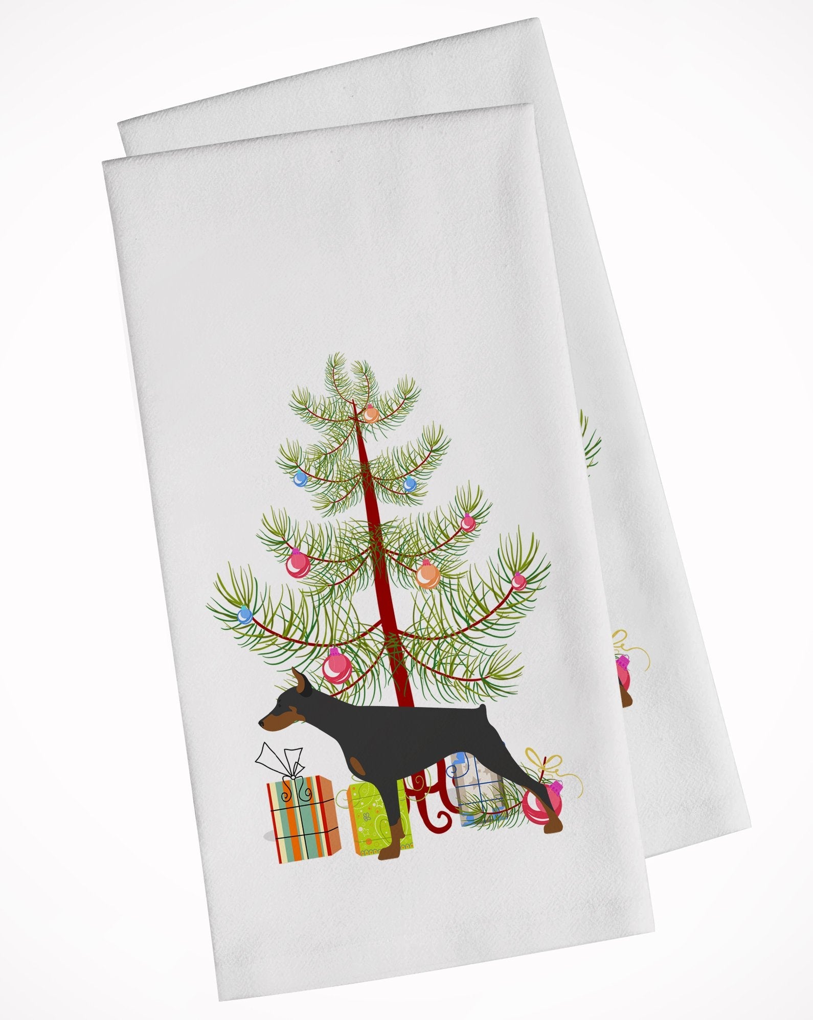 Doberman Pinscher Merry Christmas Tree Kitchen Towel Set of 2 White Dish Towels Decorative Bathroom Hand towel for Hand, Face, Hair, Yoga, Tea, Dishcloth, 19 X 28", White