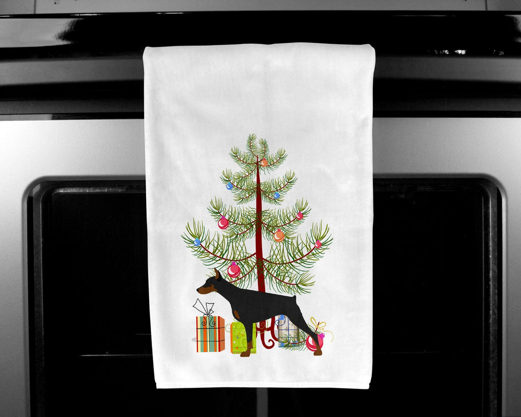 Doberman Pinscher Merry Christmas Tree Kitchen Towel Set of 2 White Dish Towels Decorative Bathroom Hand towel for Hand, Face, Hair, Yoga, Tea, Dishcloth, 19 X 28", White