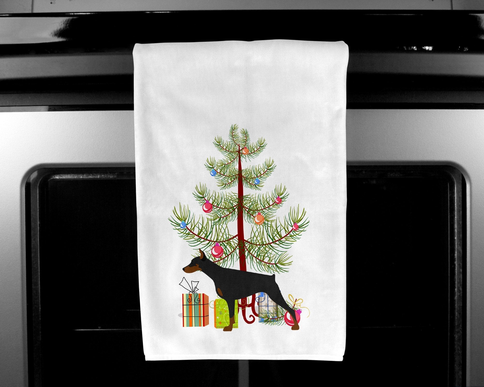 Doberman Pinscher Merry Christmas Tree Kitchen Towel Set of 2 White Dish Towels Decorative Bathroom Hand towel for Hand, Face, Hair, Yoga, Tea, Dishcloth, 19 X 28", White