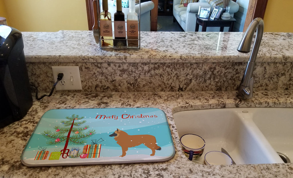 Belgian Shepherd Merry Christmas Tree Dish Drying Mat Absorbent Dish Drying Mat Pad for Kitchen Counter Dish Drainer Mat for Countertop, 14 x 21", Multicolor