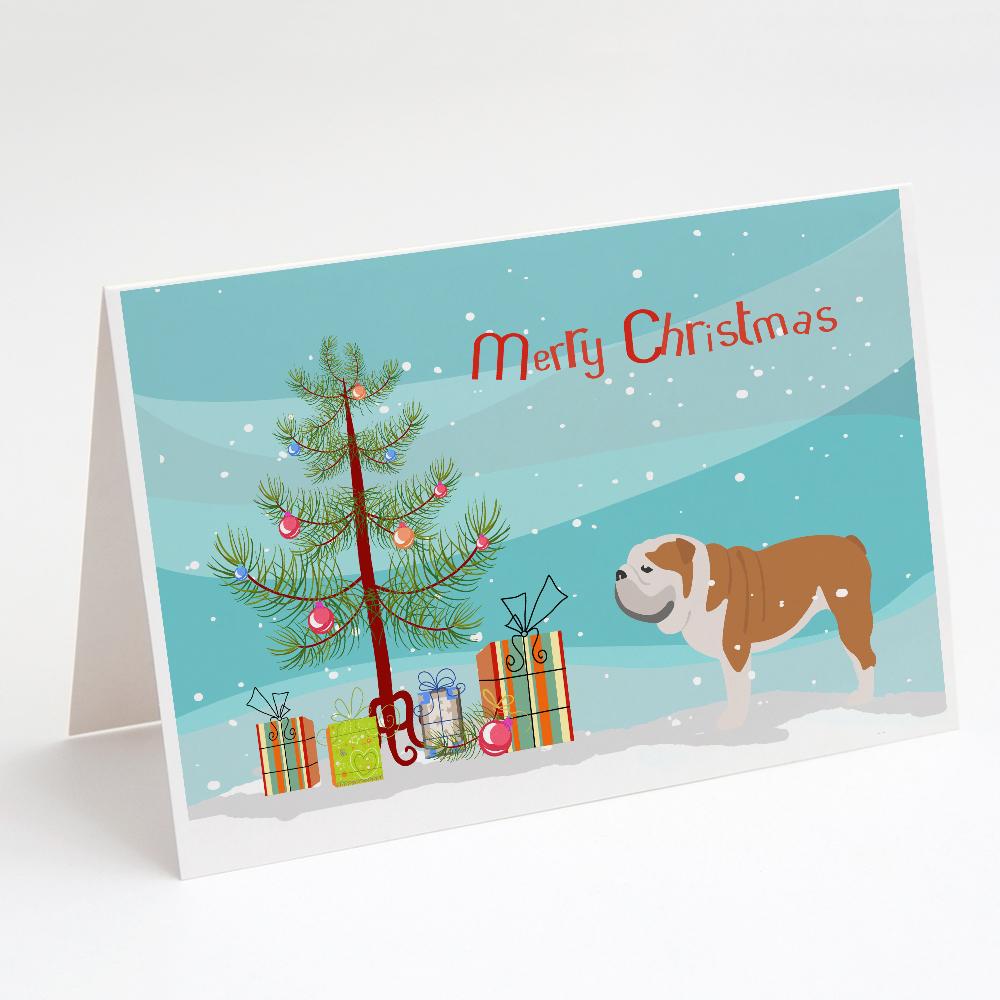 English Bulldog Merry Christmas Tree Greeting Cards Pack of 8 Blank Cards with Envelopes Whimsical A7 Size 5x7
