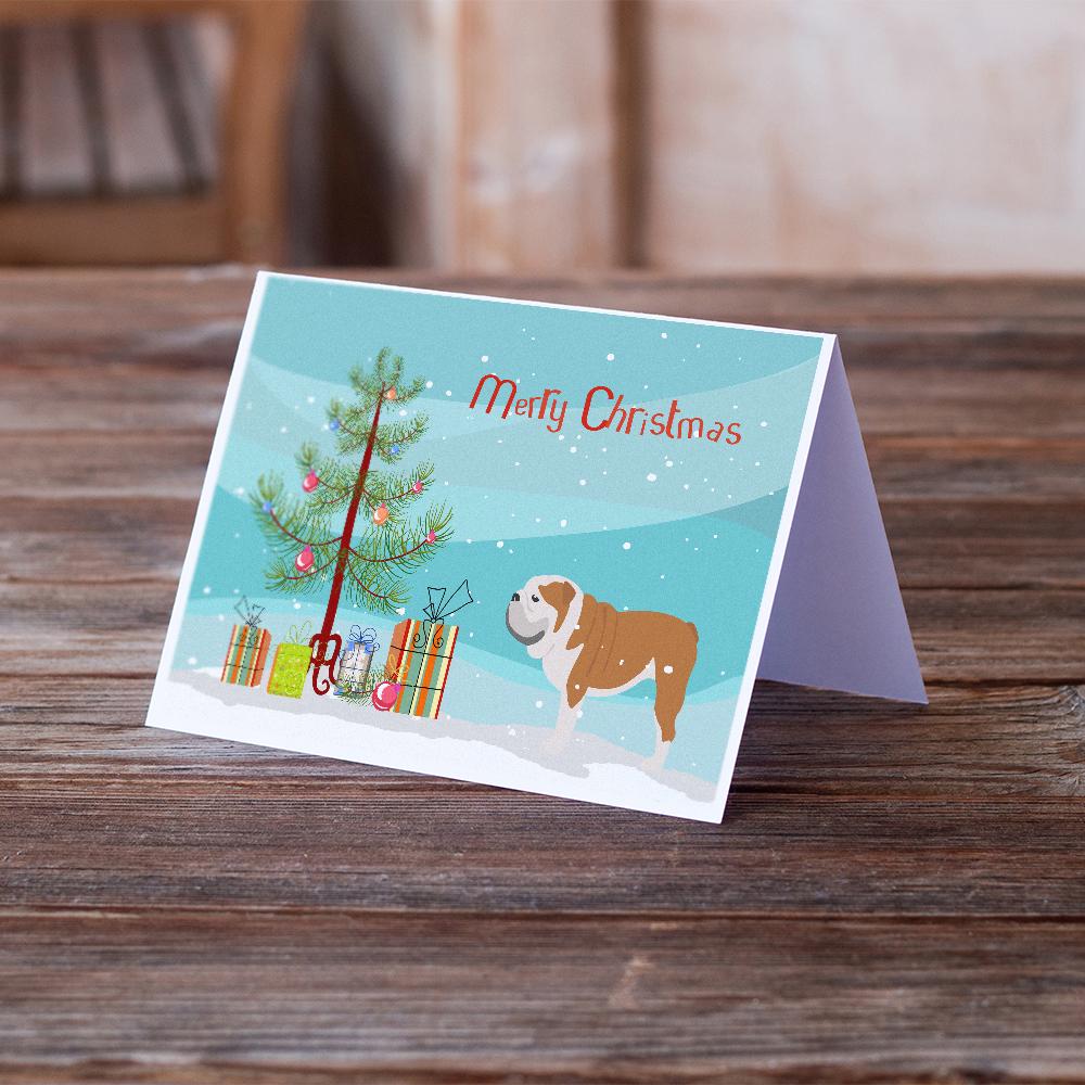 English Bulldog Merry Christmas Tree Greeting Cards Pack of 8 Blank Cards with Envelopes Whimsical A7 Size 5x7
