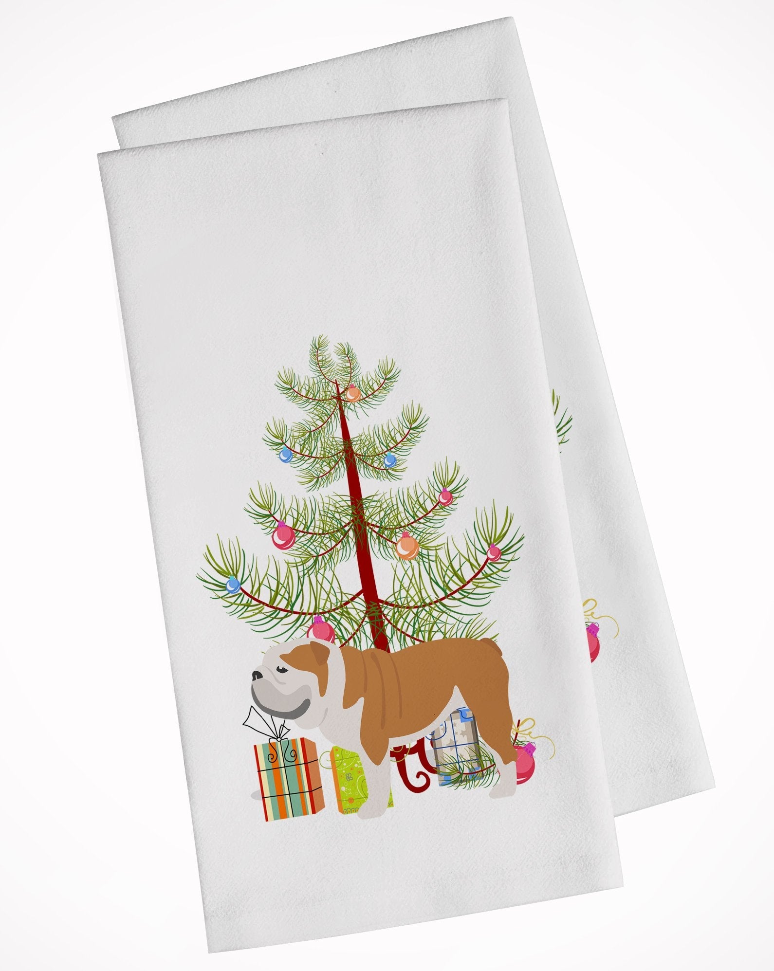 English Bulldog Merry Christmas Tree Kitchen Towel Set of 2 White Dish Towels Decorative Bathroom Hand towel for Hand, Face, Hair, Yoga, Tea, Dishcloth, 19 X 28", White