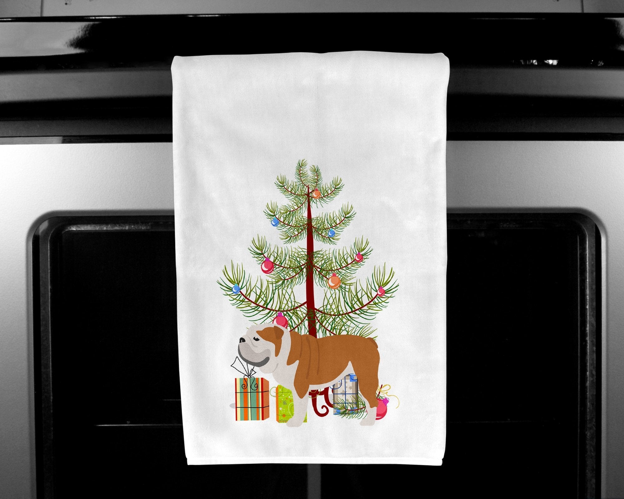 English Bulldog Merry Christmas Tree Kitchen Towel Set of 2 White Dish Towels Decorative Bathroom Hand towel for Hand, Face, Hair, Yoga, Tea, Dishcloth, 19 X 28", White