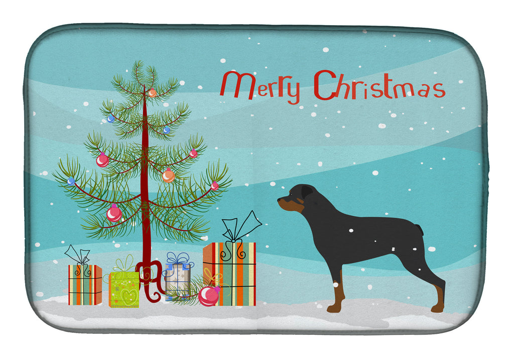 Rottweiler Merry Christmas Tree Dish Drying Mat Absorbent Dish Drying Mat Pad for Kitchen Counter Dish Drainer Mat for Countertop, 14 x 21", Multicolor