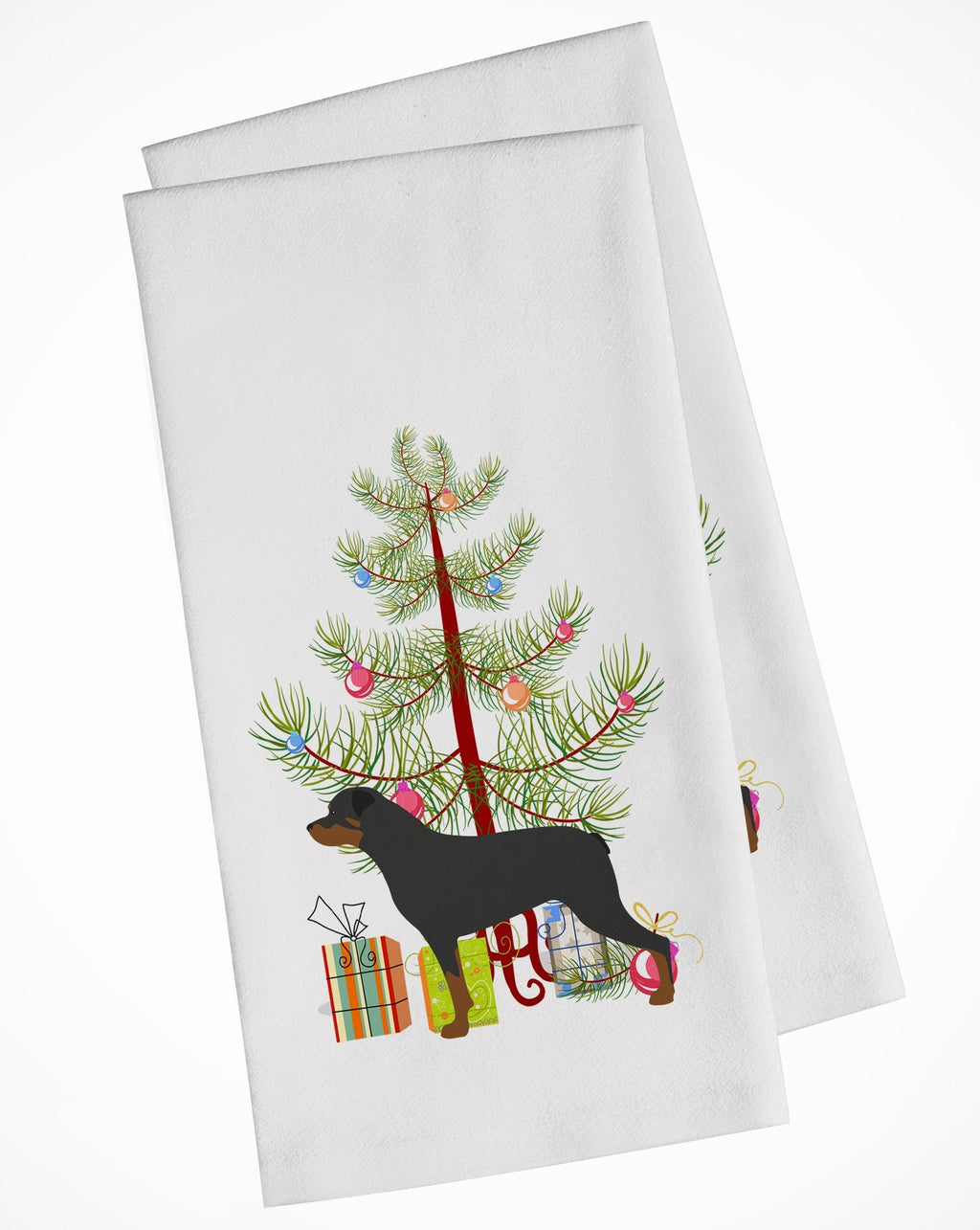 Rottweiler Merry Christmas Tree Kitchen Towel Set of 2 White Dish Towels Decorative Bathroom Hand towel for Hand, Face, Hair, Yoga, Tea, Dishcloth, 19 X 28", White