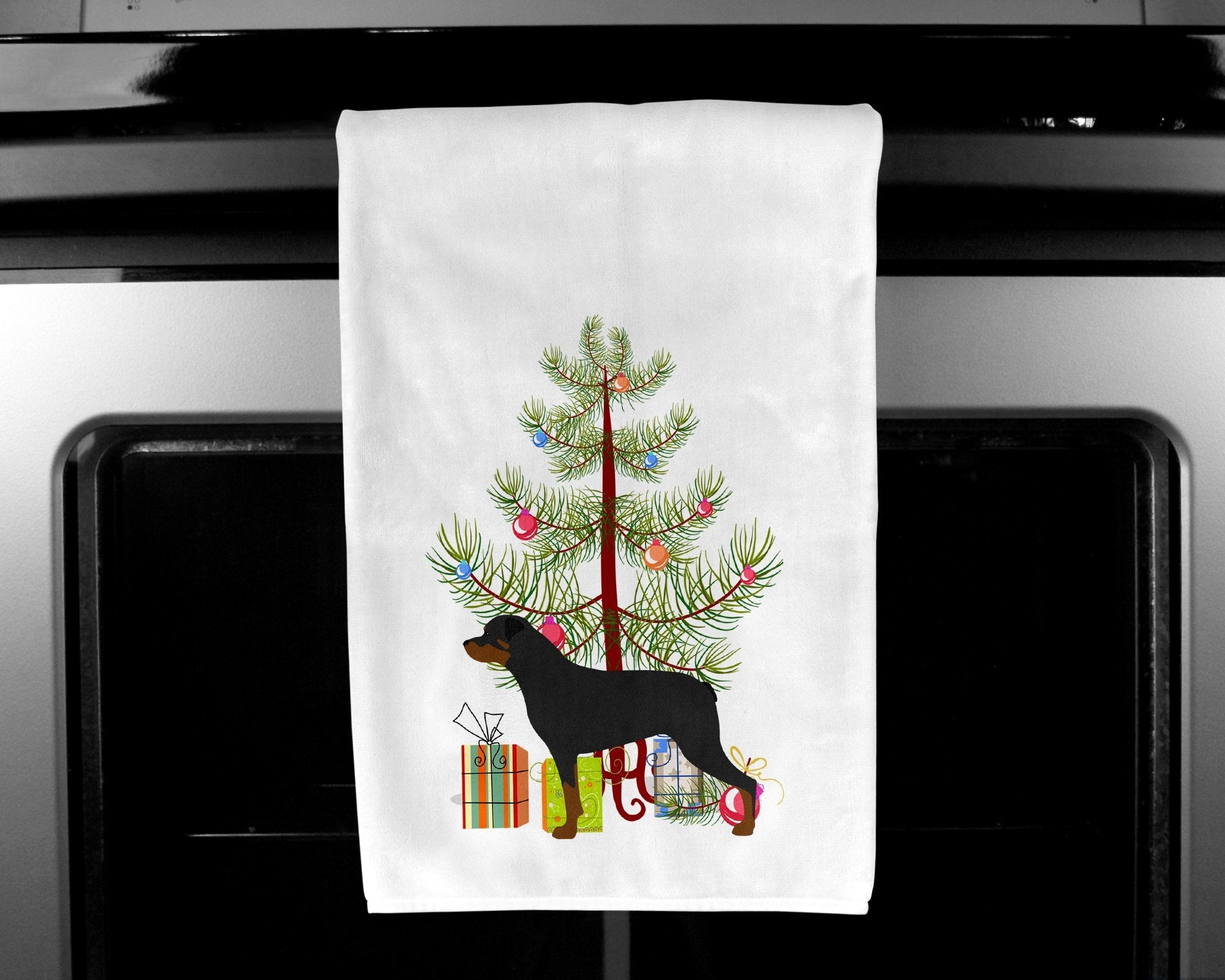 Rottweiler Merry Christmas Tree Kitchen Towel Set of 2 White Dish Towels Decorative Bathroom Hand towel for Hand, Face, Hair, Yoga, Tea, Dishcloth, 19 X 28", White