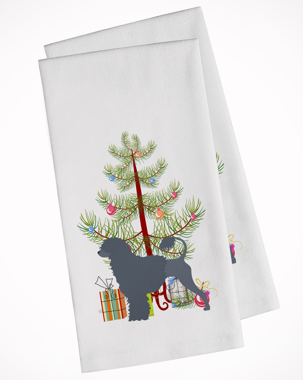 Portuguese Water Dog Merry Christmas Tree Kitchen Towel Set of 2 White Dish Towels Decorative Bathroom Hand towel for Hand, Face, Hair, Yoga, Tea, Dishcloth, 19 X 28", White