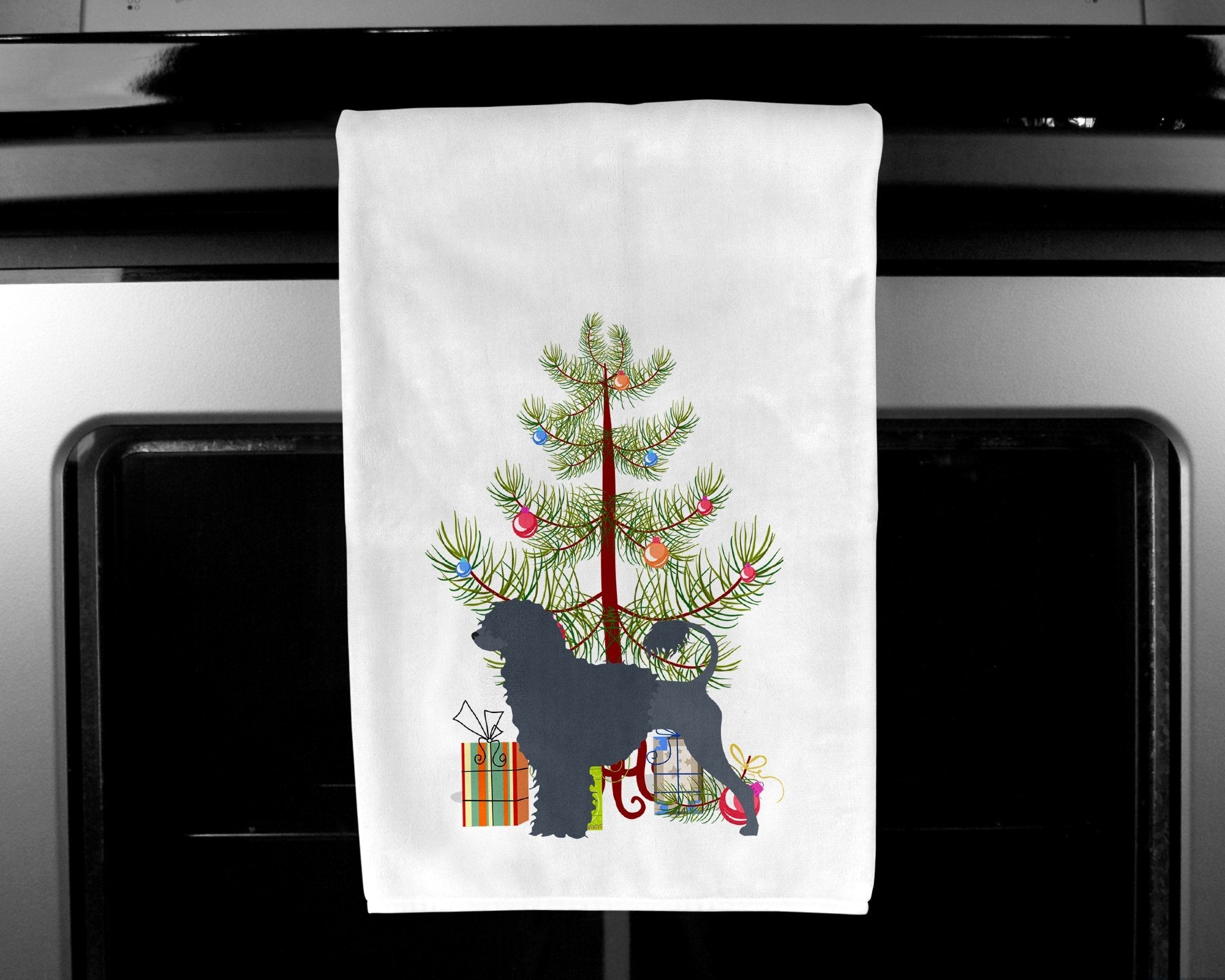Portuguese Water Dog Merry Christmas Tree Kitchen Towel Set of 2 White Dish Towels Decorative Bathroom Hand towel for Hand, Face, Hair, Yoga, Tea, Dishcloth, 19 X 28", White