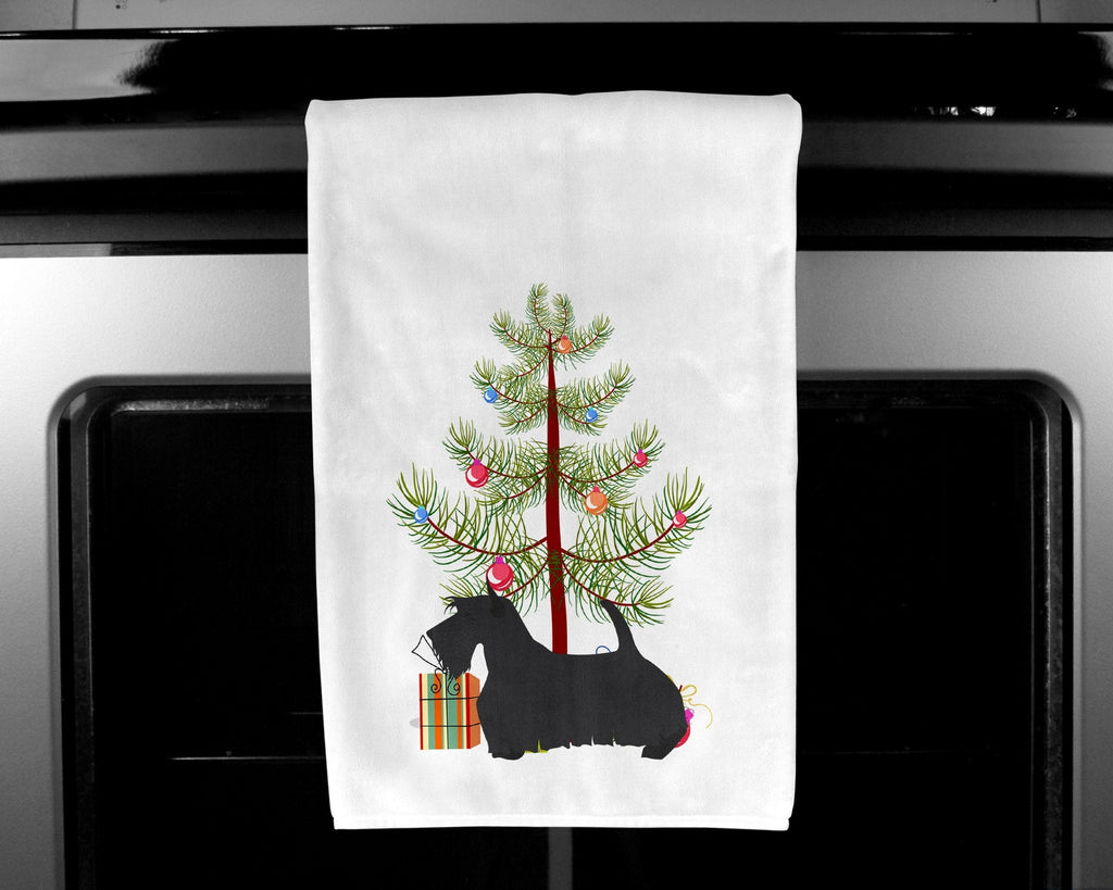 Scottish Terrier Merry Christmas Tree Kitchen Towel Set of 2 White Dish Towels Decorative Bathroom Hand towel for Hand, Face, Hair, Yoga, Tea, Dishcloth, 19 X 28", White