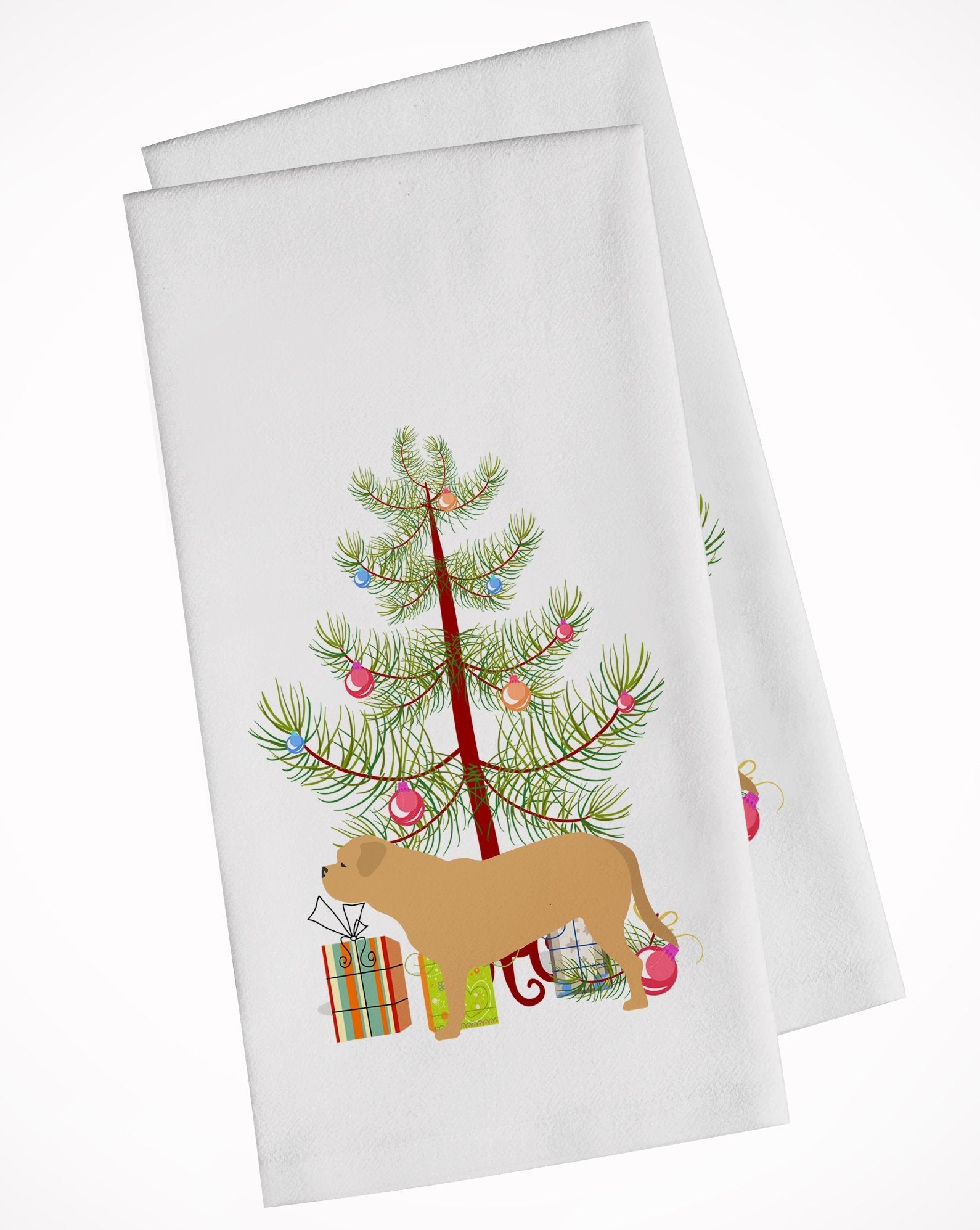 Dogue de Bordeaux Merry Christmas Tree Kitchen Towel Set of 2 White Dish Towels Decorative Bathroom Hand towel for Hand, Face, Hair, Yoga, Tea, Dishcloth, 19 X 28", White