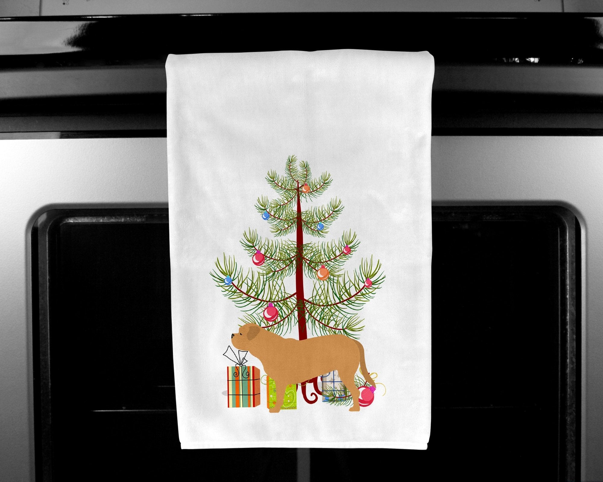 Dogue de Bordeaux Merry Christmas Tree Kitchen Towel Set of 2 White Dish Towels Decorative Bathroom Hand towel for Hand, Face, Hair, Yoga, Tea, Dishcloth, 19 X 28", White