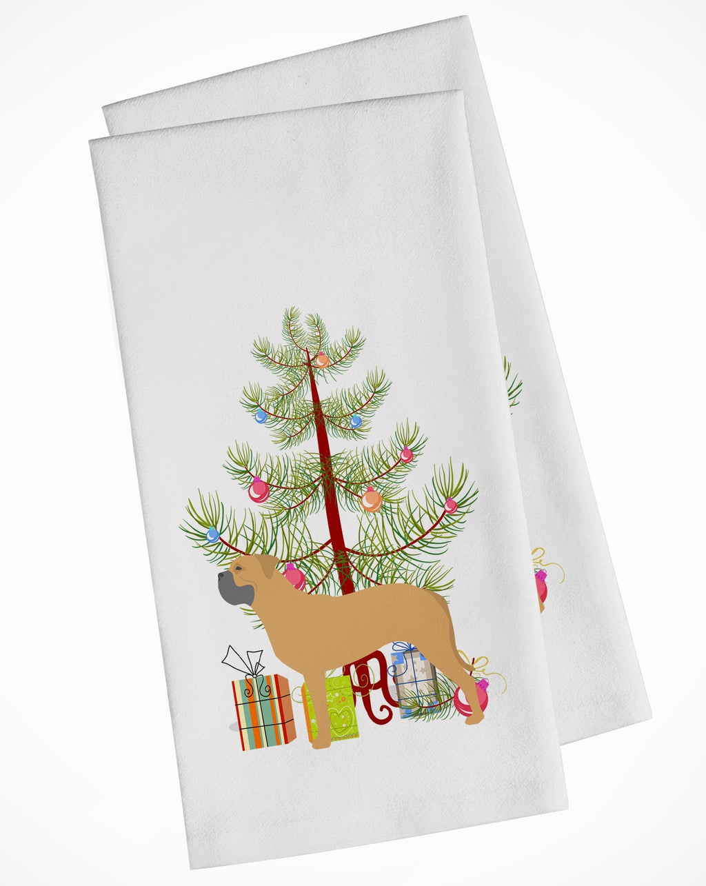 Bullmastiff Merry Christmas Tree Kitchen Towel Set of 2 White Dish Towels Decorative Bathroom Hand towel for Hand, Face, Hair, Yoga, Tea, Dishcloth, 19 X 28", White