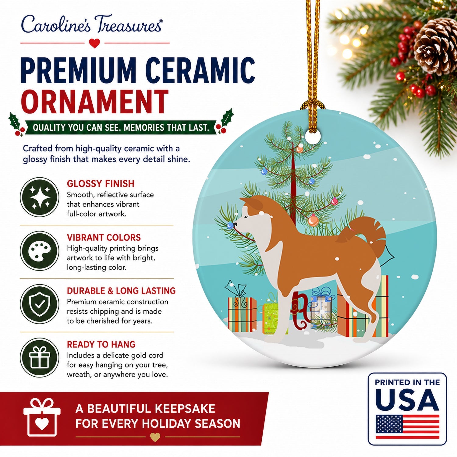 Akita Merry Christmas Tree Ceramic Ornament Christmas Tree Hanging Decorations for Home Christmas Holiday, Party, Gift, 3 in, Multicolor