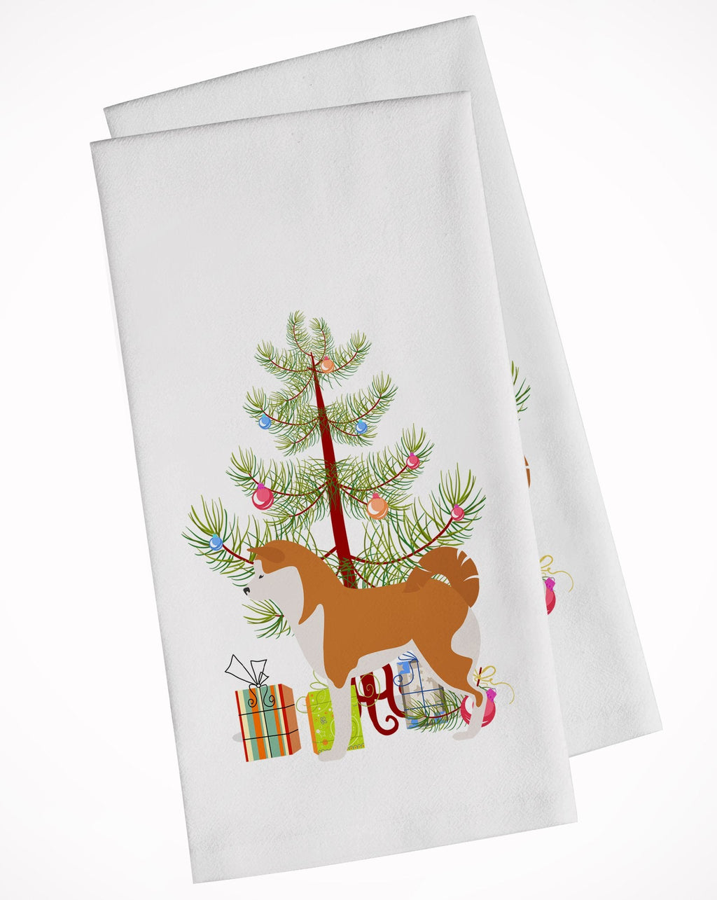 Akita Merry Christmas Tree Kitchen Towel Set of 2 White Dish Towels Decorative Bathroom Hand towel for Hand, Face, Hair, Yoga, Tea, Dishcloth, 19 X 28", White