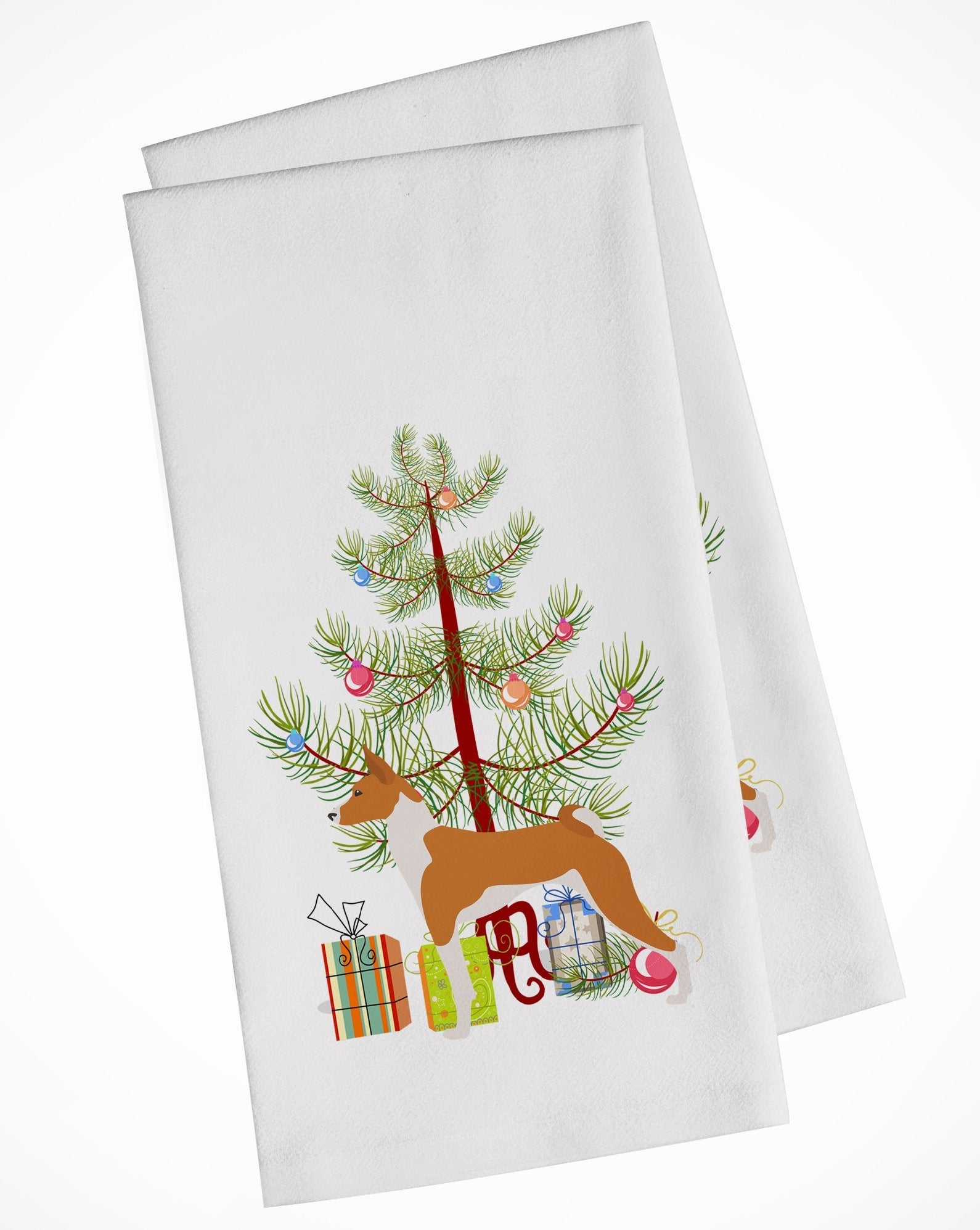 Basenji Merry Christmas Tree Kitchen Towel Set of 2 White Dish Towels Decorative Bathroom Hand towel for Hand, Face, Hair, Yoga, Tea, Dishcloth, 19 X 28", White