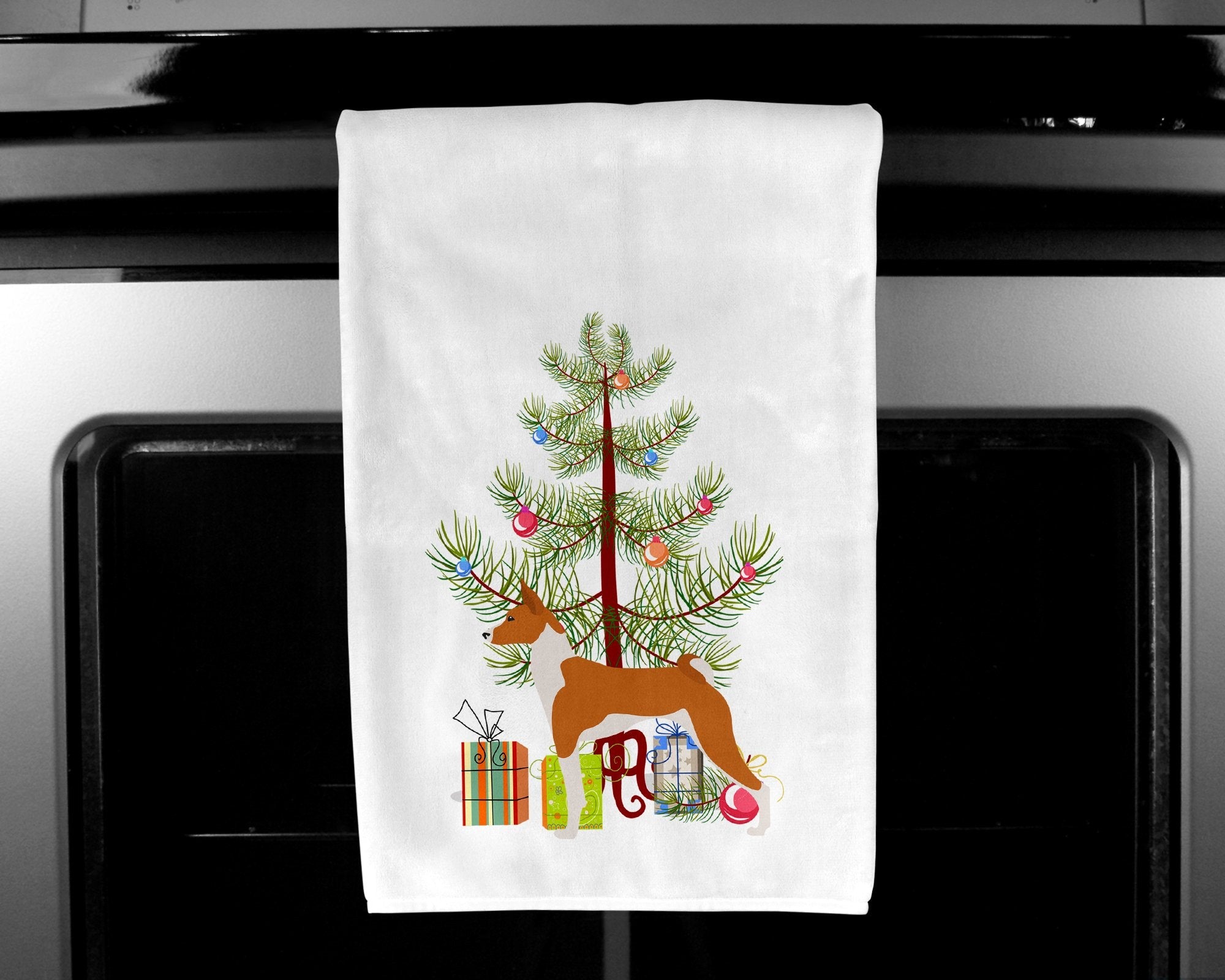 Basenji Merry Christmas Tree Kitchen Towel Set of 2 White Dish Towels Decorative Bathroom Hand towel for Hand, Face, Hair, Yoga, Tea, Dishcloth, 19 X 28", White