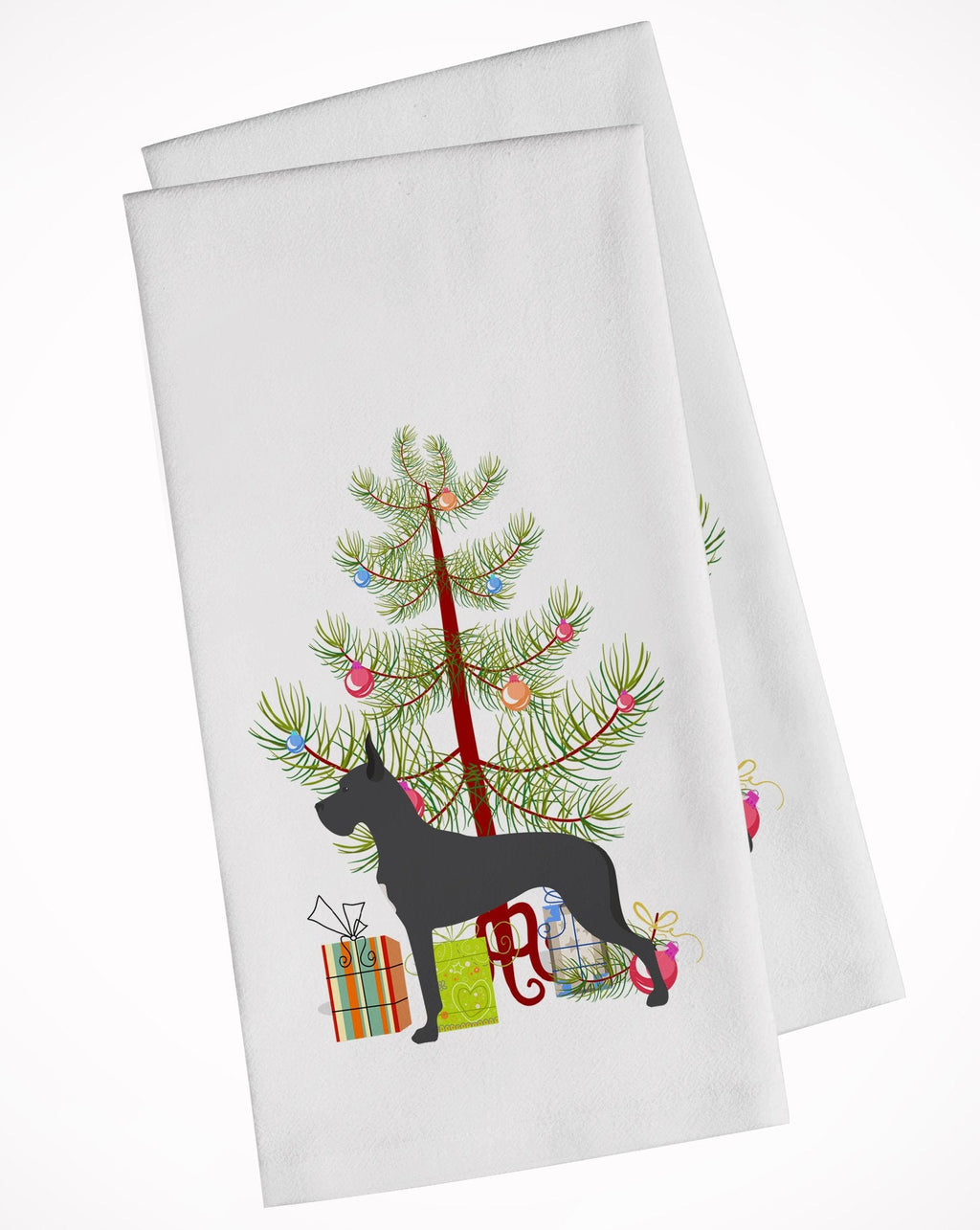 Great Dane Merry Christmas Tree Kitchen Towel Set of 2 White Dish Towels Decorative Bathroom Hand towel for Hand, Face, Hair, Yoga, Tea, Dishcloth, 19 X 28", White