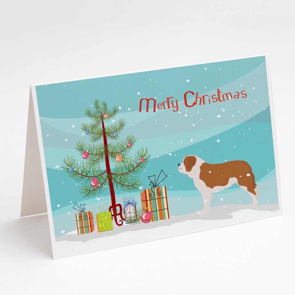 Saint Bernard Merry Christmas Tree Greeting Cards Pack of 8 Blank Cards with Envelopes Whimsical A7 Size 5x7