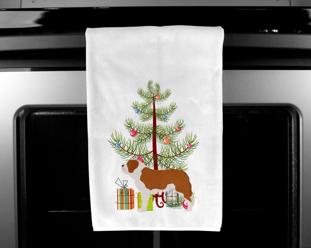 Saint Bernard Merry Christmas Tree Kitchen Towel Set of 2 White Dish Towels Decorative Bathroom Hand towel for Hand, Face, Hair, Yoga, Tea, Dishcloth, 19 X 28", White