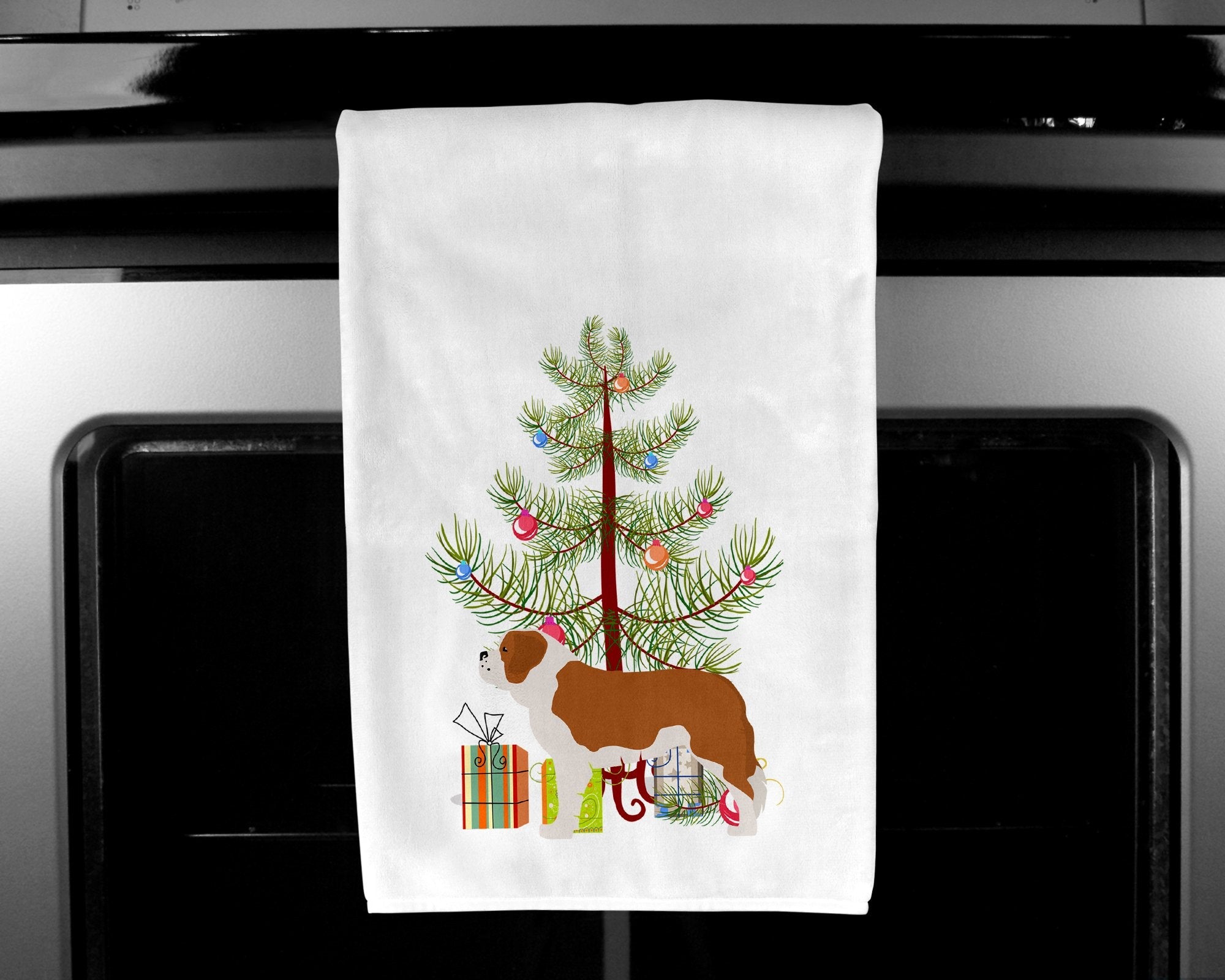 Saint Bernard Merry Christmas Tree Kitchen Towel Set of 2 White Dish Towels Decorative Bathroom Hand towel for Hand, Face, Hair, Yoga, Tea, Dishcloth, 19 X 28", White