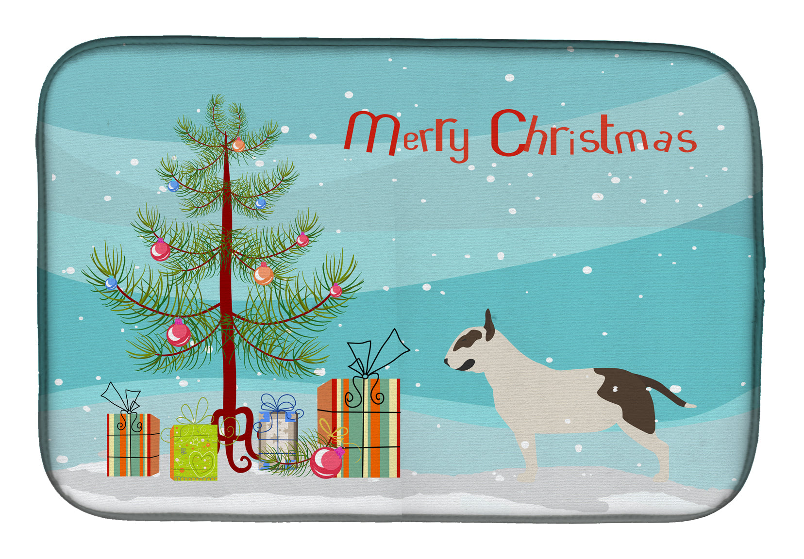 Bull Terrier Merry Christmas Tree Dish Drying Mat Absorbent Dish Drying Mat Pad for Kitchen Counter Dish Drainer Mat for Countertop, 14 x 21", Multicolor