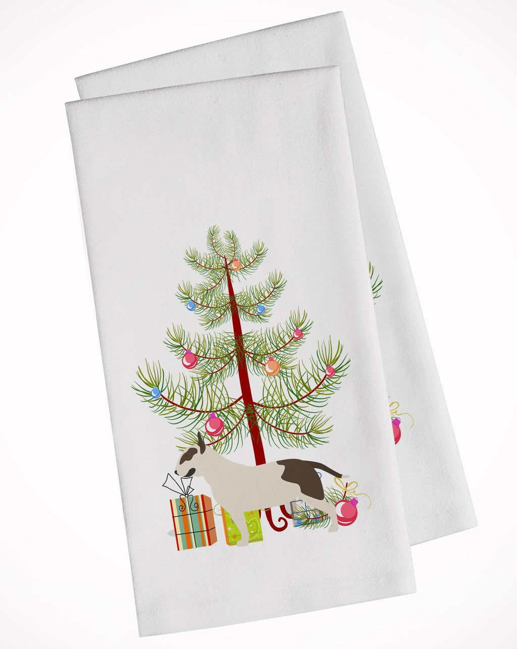Bull Terrier Merry Christmas Tree Kitchen Towel Set of 2 White Dish Towels Decorative Bathroom Hand towel for Hand, Face, Hair, Yoga, Tea, Dishcloth, 19 X 28", White