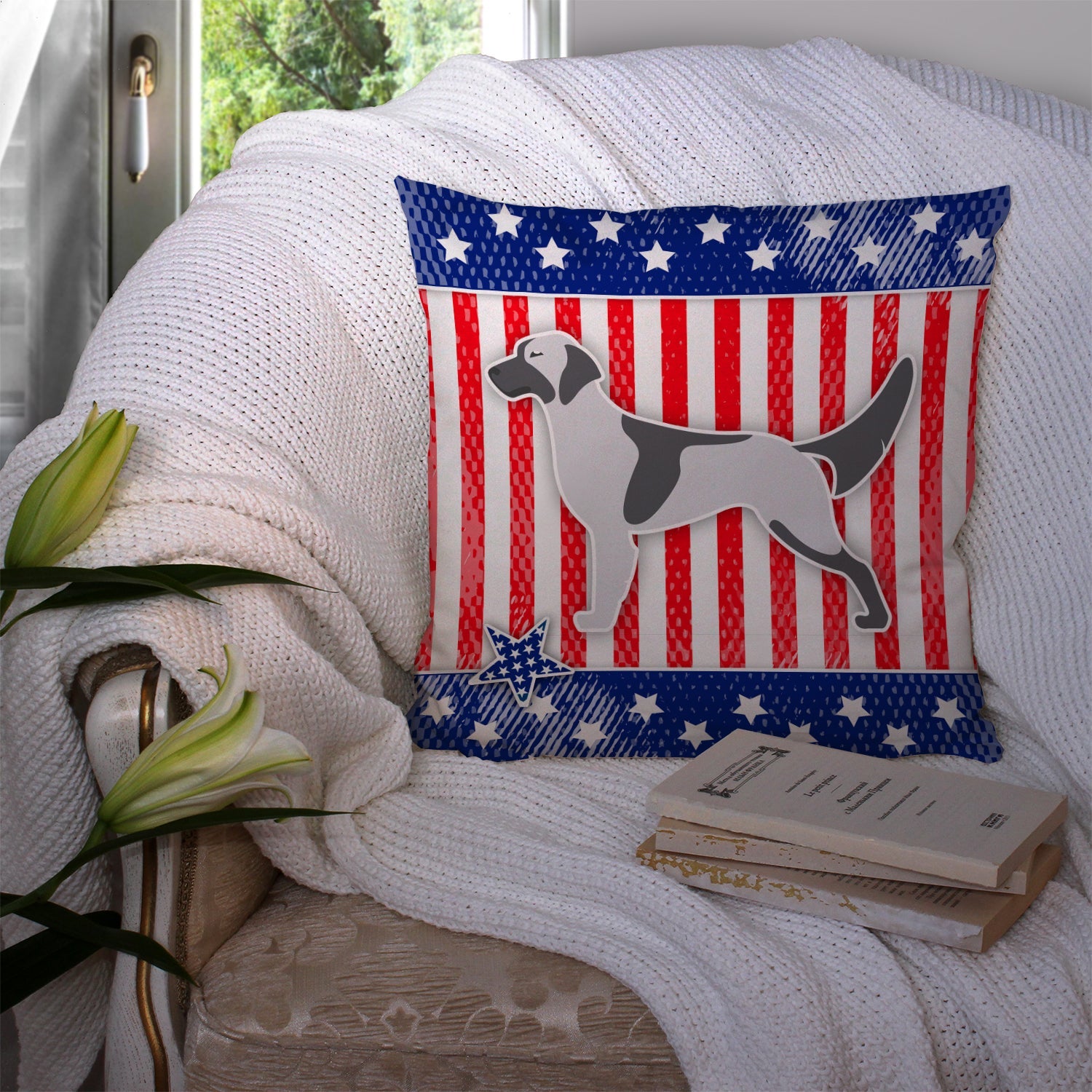 USA Patriotic English Setter Decorative Throw Pillow 14x14 Indoor Outdoor Accent Cushion, Fabric Cover with Insert for Sofa, Bed, Porch & Living Room