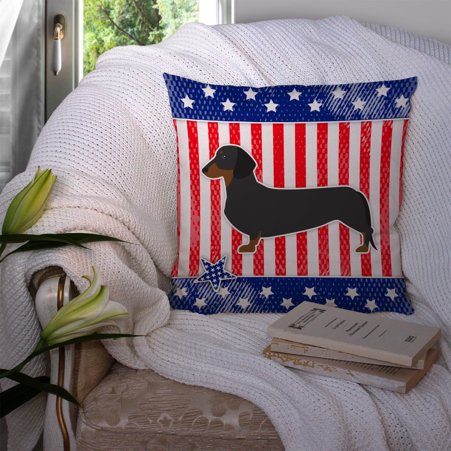 USA Patriotic Dachshund Decorative Throw Pillow 14x14 Indoor Outdoor Accent Cushion, Fabric Cover with Insert for Sofa, Bed, Porch & Living Room