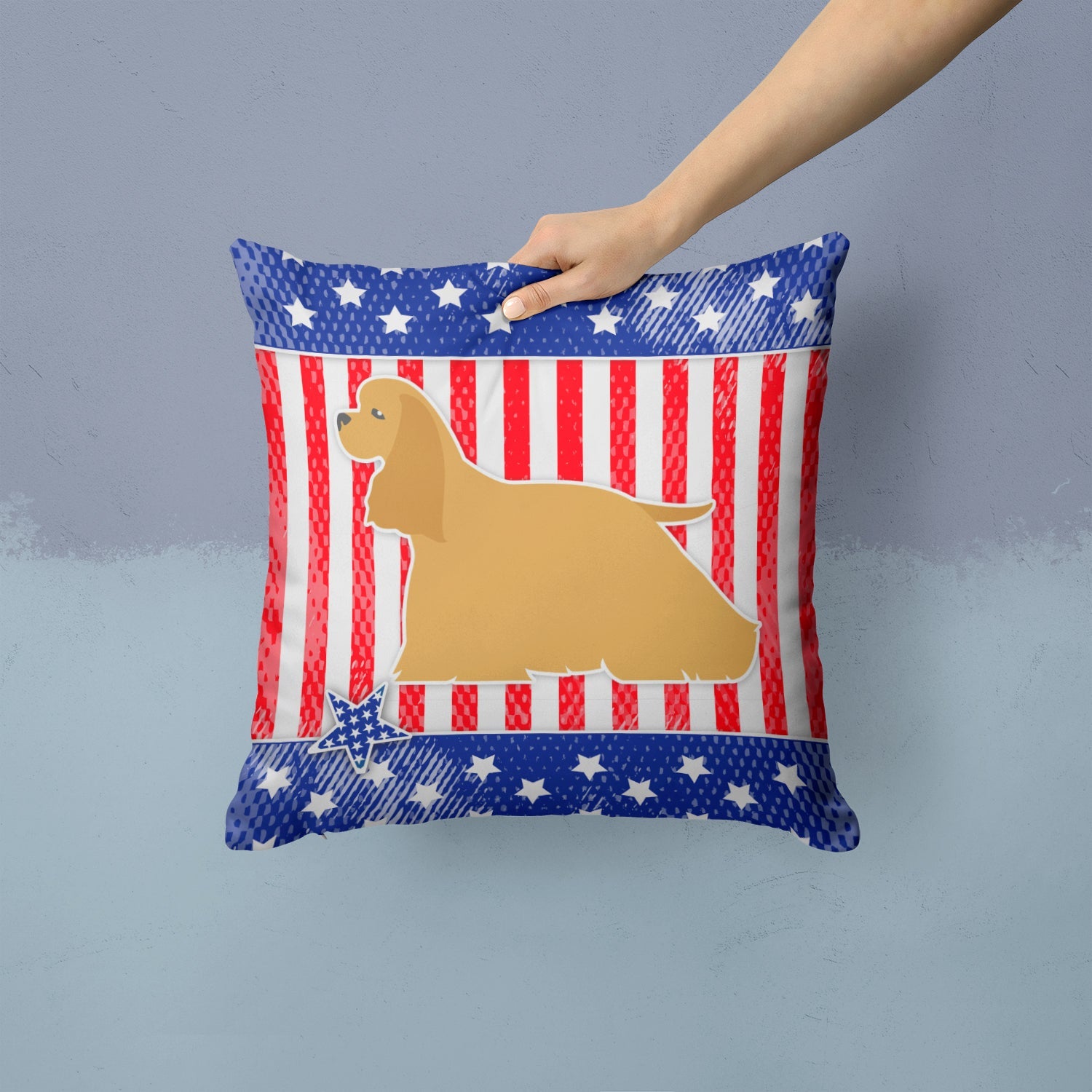 USA Patriotic Cocker Spaniel Decorative Throw Pillow 14x14 Indoor Outdoor Accent Cushion, Fabric Cover with Insert for Sofa, Bed, Porch & Living Room
