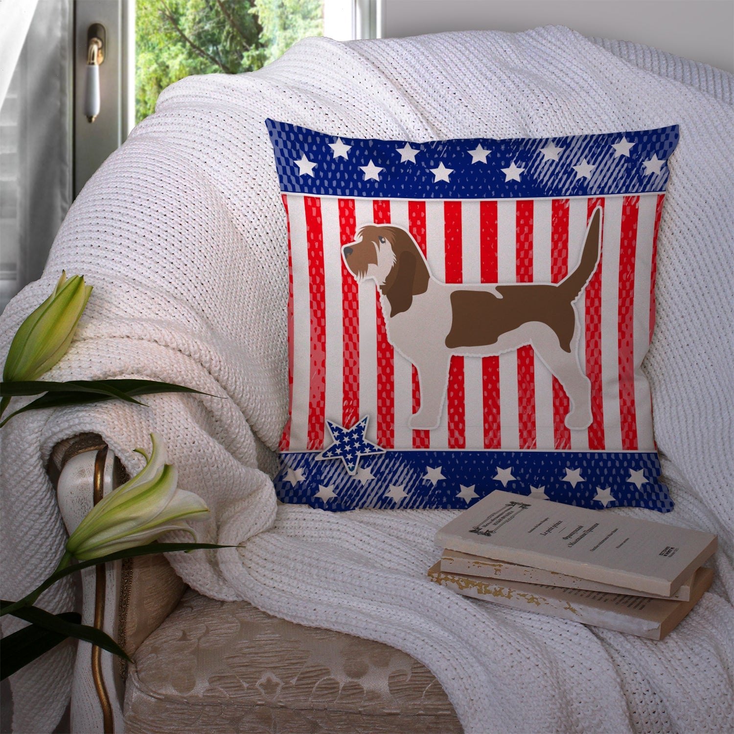 USA Patriotic Grand Basset Griffon Vendeen Decorative Throw Pillow 14x14 Indoor Outdoor Accent Cushion, Fabric Cover with Insert for Sofa, Bed, Porch & Living Room