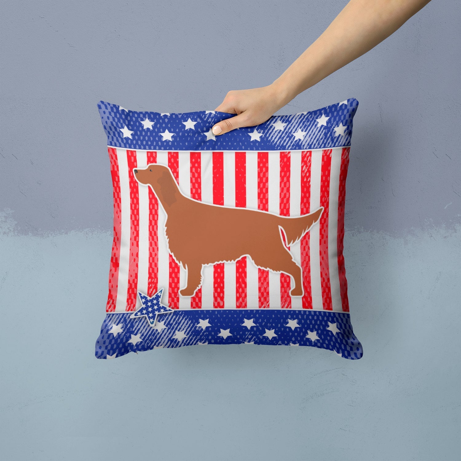 USA Patriotic Irish Setter Decorative Throw Pillow 14x14 Indoor Outdoor Accent Cushion, Fabric Cover with Insert for Sofa, Bed, Porch & Living Room