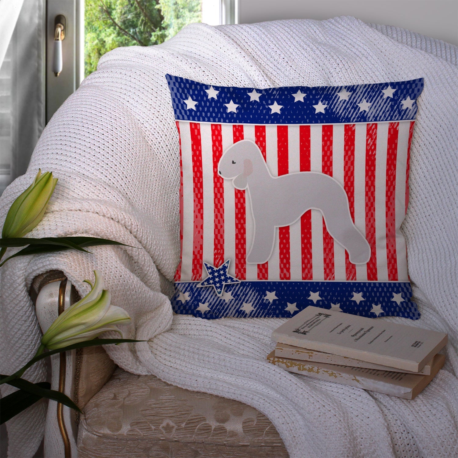 USA Patriotic Bedlington Terrier Decorative Throw Pillow 14x14 Indoor Outdoor Accent Cushion, Fabric Cover with Insert for Sofa, Bed, Porch & Living Room