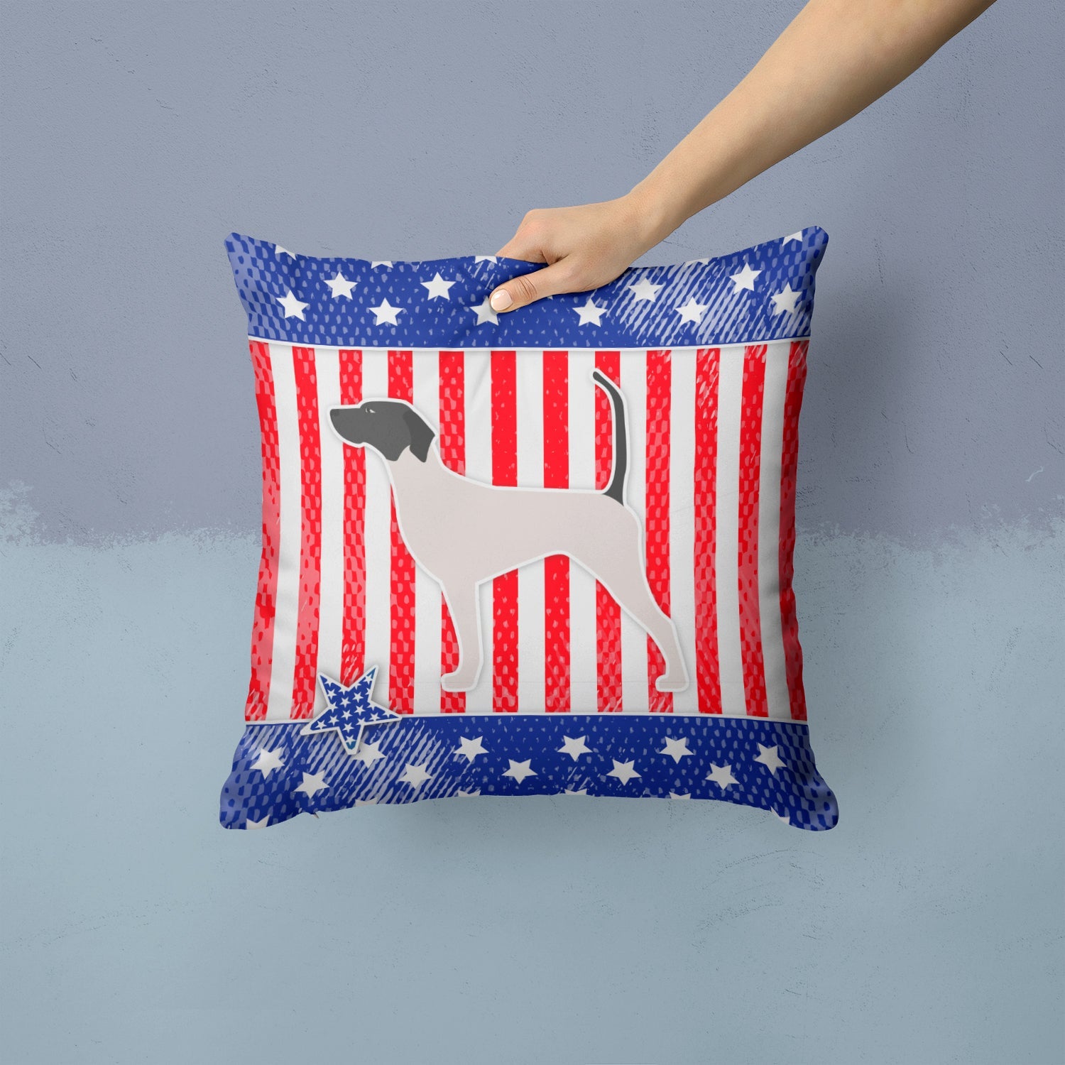 USA Patriotic English Pointer Decorative Throw Pillow 14x14 Indoor Outdoor Accent Cushion, Fabric Cover with Insert for Sofa, Bed, Porch & Living Room