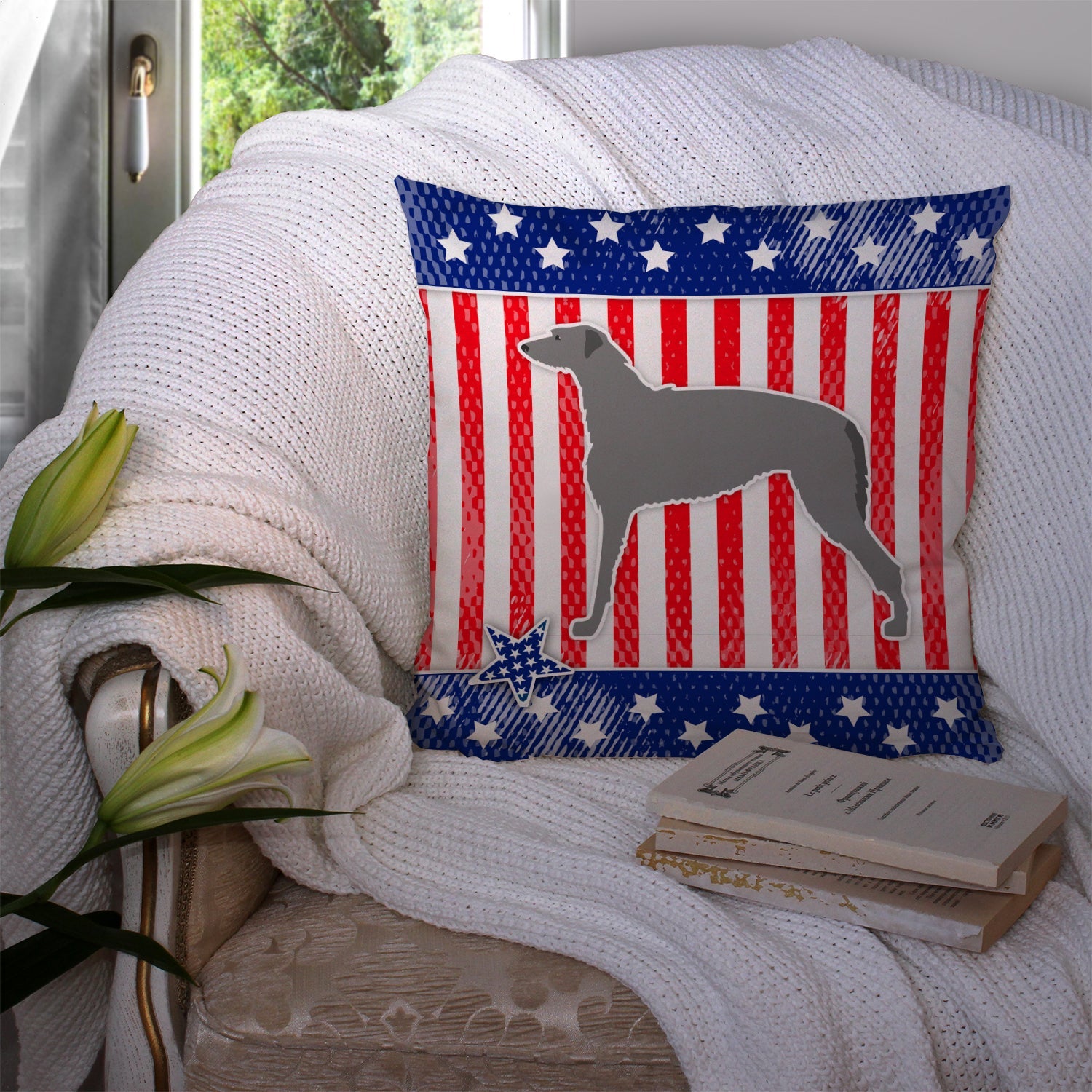 USA Patriotic Scottish Deerhound Decorative Throw Pillow 14x14 Indoor Outdoor Accent Cushion, Fabric Cover with Insert for Sofa, Bed, Porch & Living Room