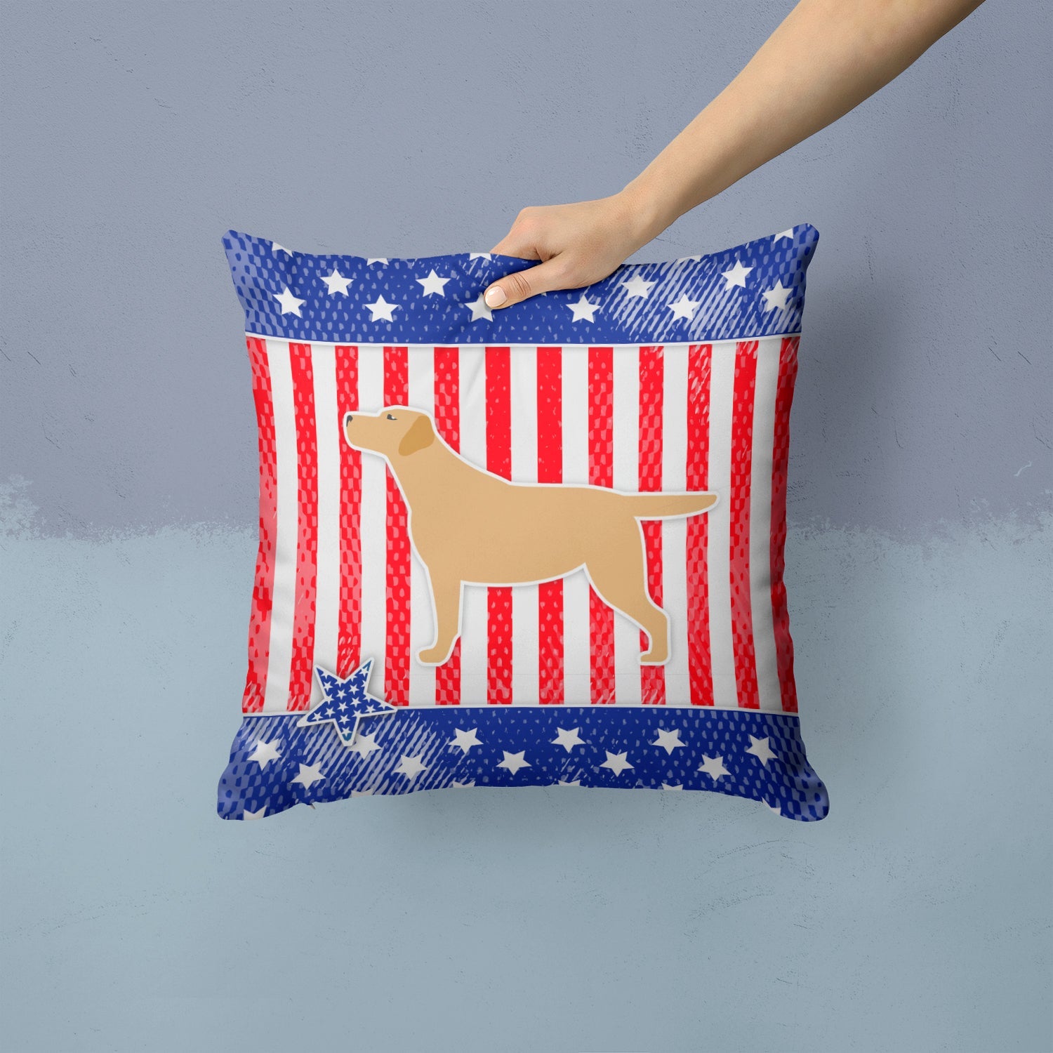 USA Patriotic Yellow Labrador Retriever Decorative Throw Pillow 14x14 Indoor Outdoor Accent Cushion, Fabric Cover with Insert for Sofa, Bed, Porch & Living Room