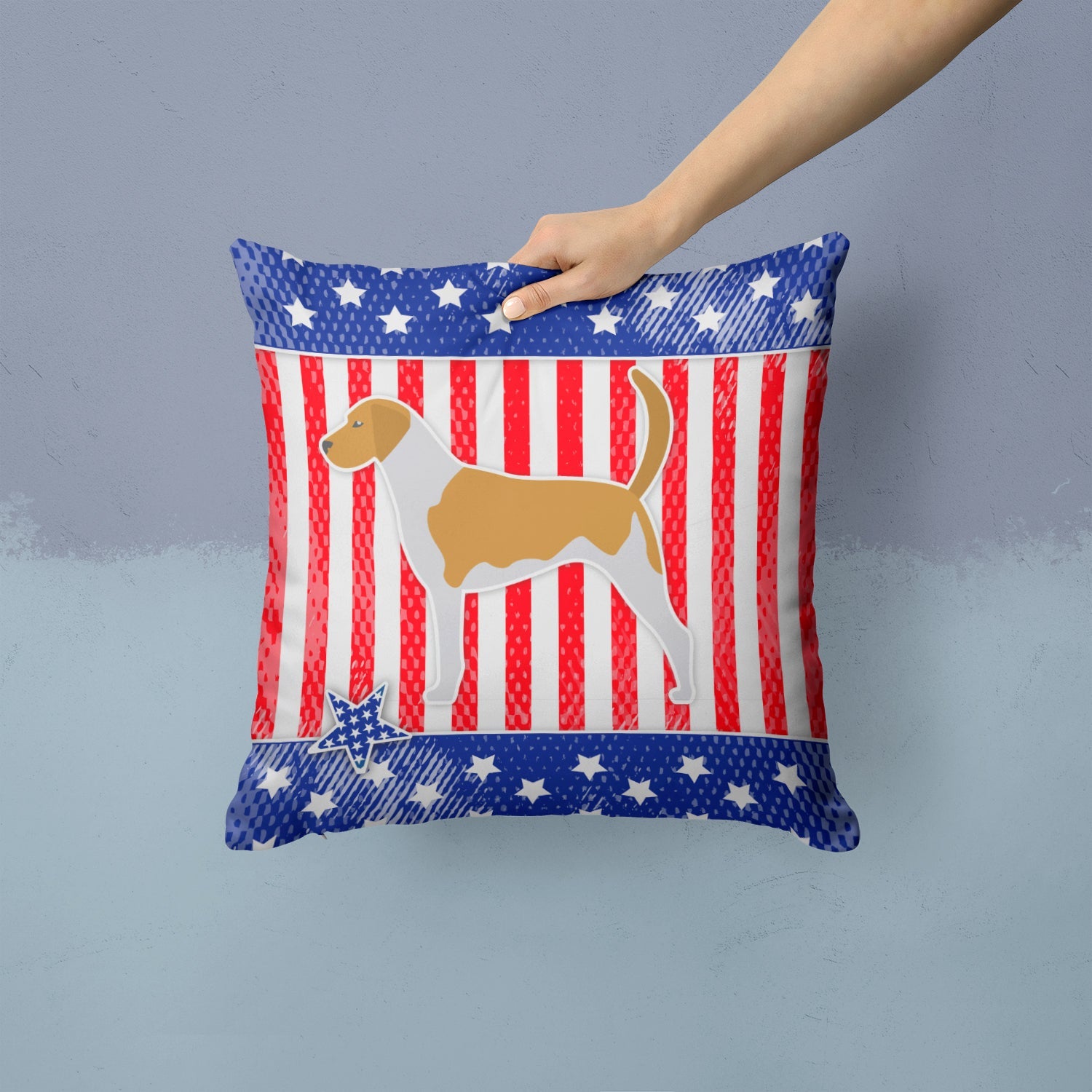 USA Patriotic American Foxhound Decorative Throw Pillow 14x14 Indoor Outdoor Accent Cushion, Fabric Cover with Insert for Sofa, Bed, Porch & Living Room