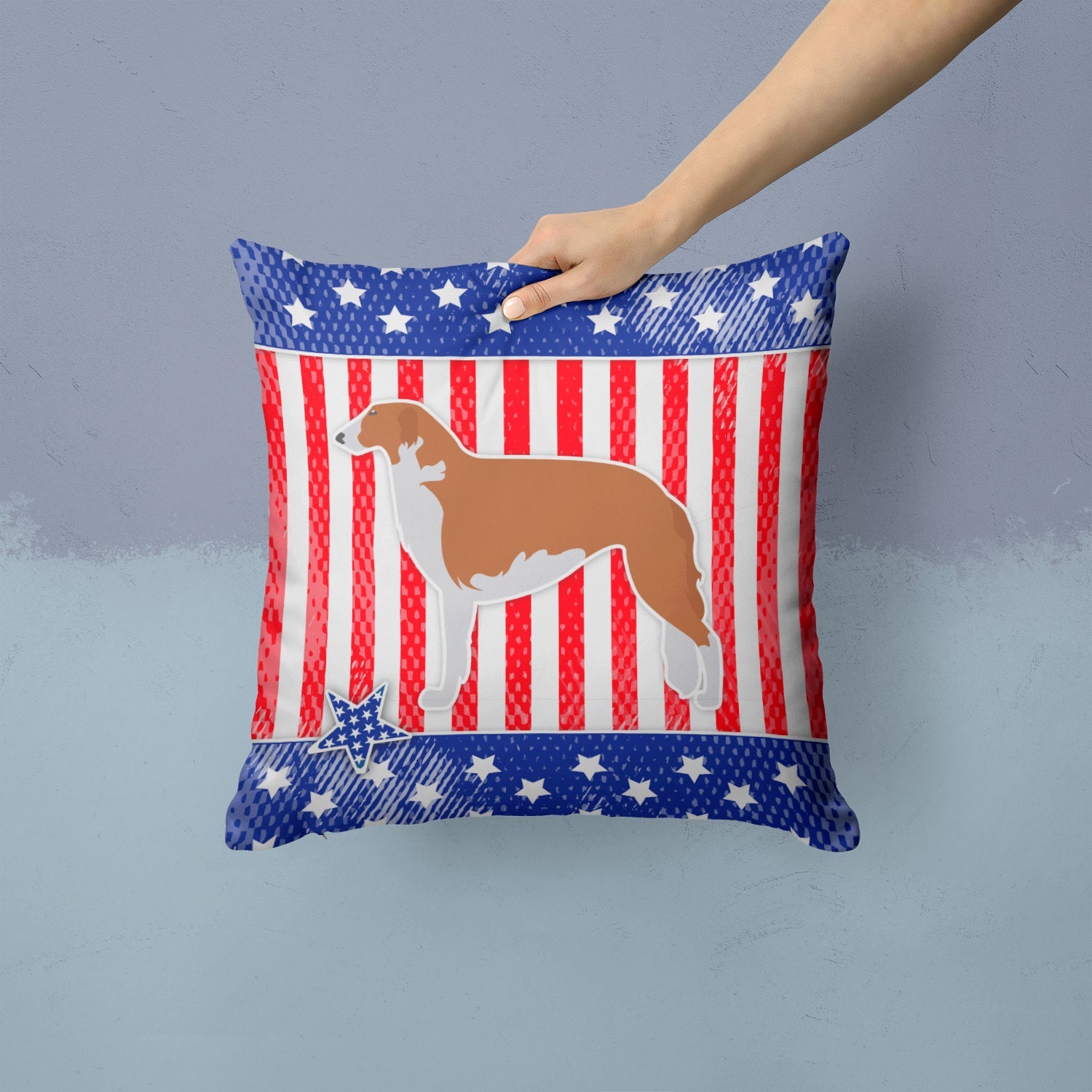 USA Patriotic Borzoi Russian Greyhound Decorative Throw Pillow 14x14 Indoor Outdoor Accent Cushion, Fabric Cover with Insert for Sofa, Bed, Porch & Living Room