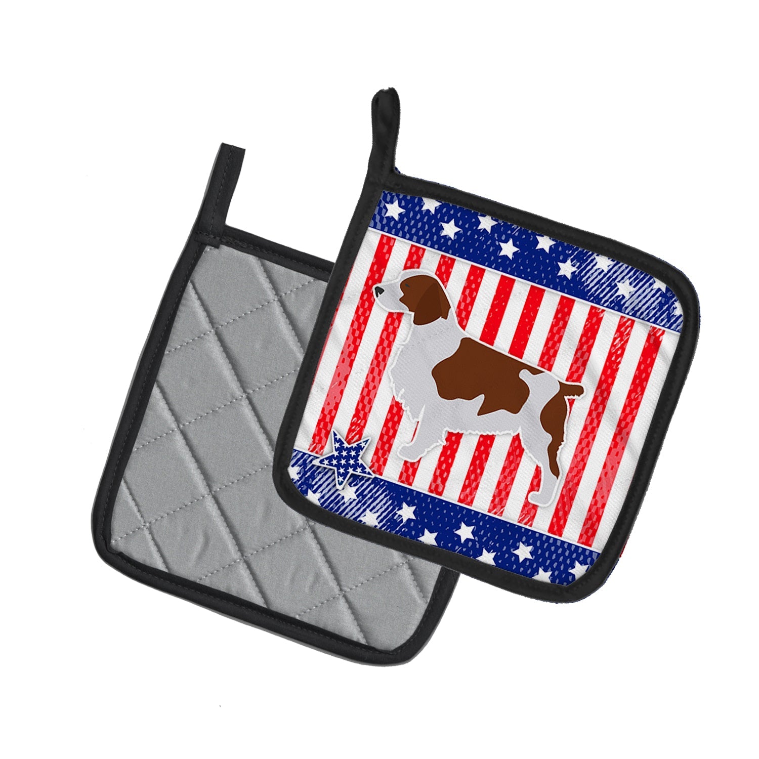 USA Patriotic Welsh Springer Spaniel Pot Holder Set of 2 Heat Resistant Quilted Hot Pads 7.5 x 7.5 Inch, Insulated Kitchen Trivets for Cooking & Baking