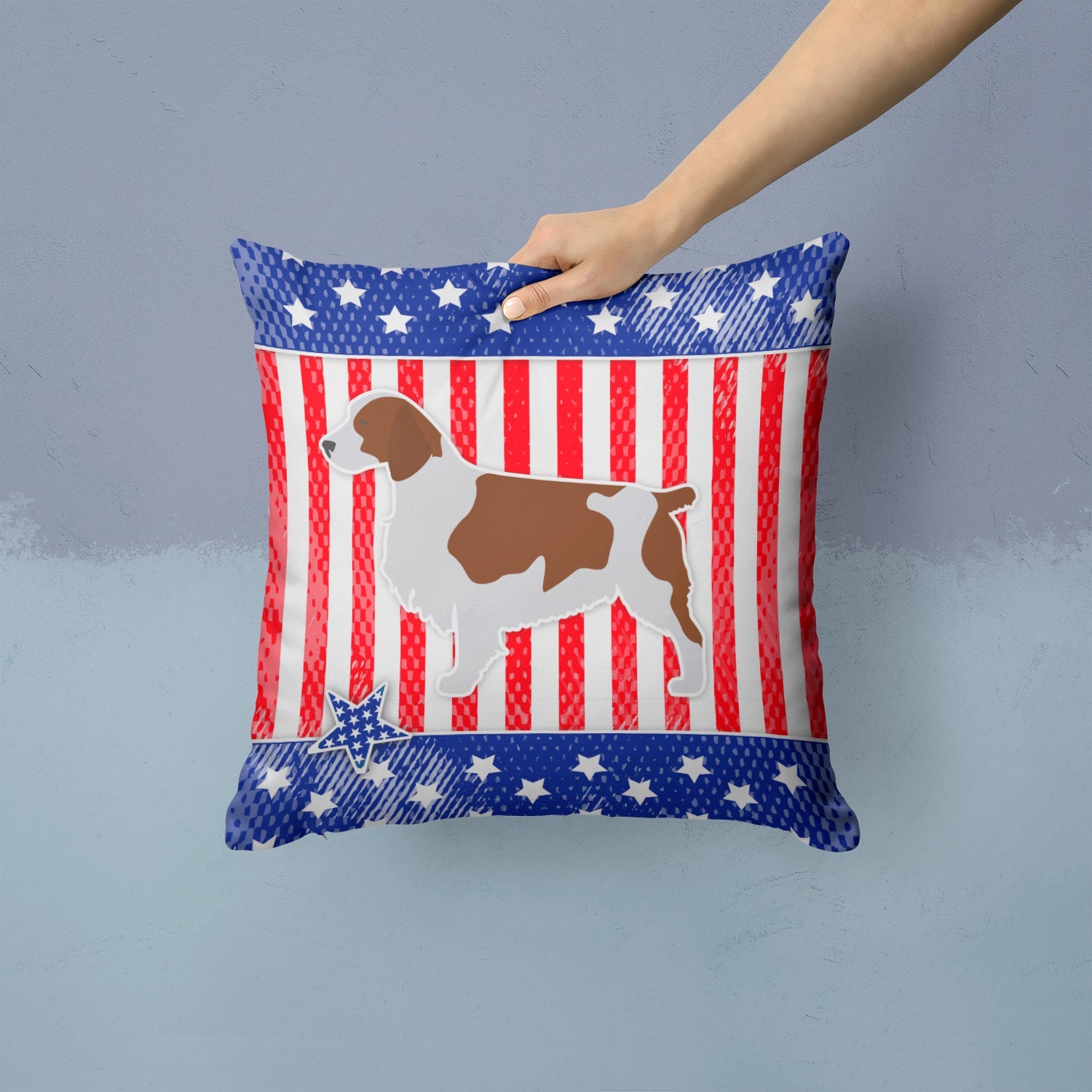USA Patriotic Welsh Springer Spaniel Decorative Throw Pillow 14x14 Indoor Outdoor Accent Cushion, Fabric Cover with Insert for Sofa, Bed, Porch & Living Room