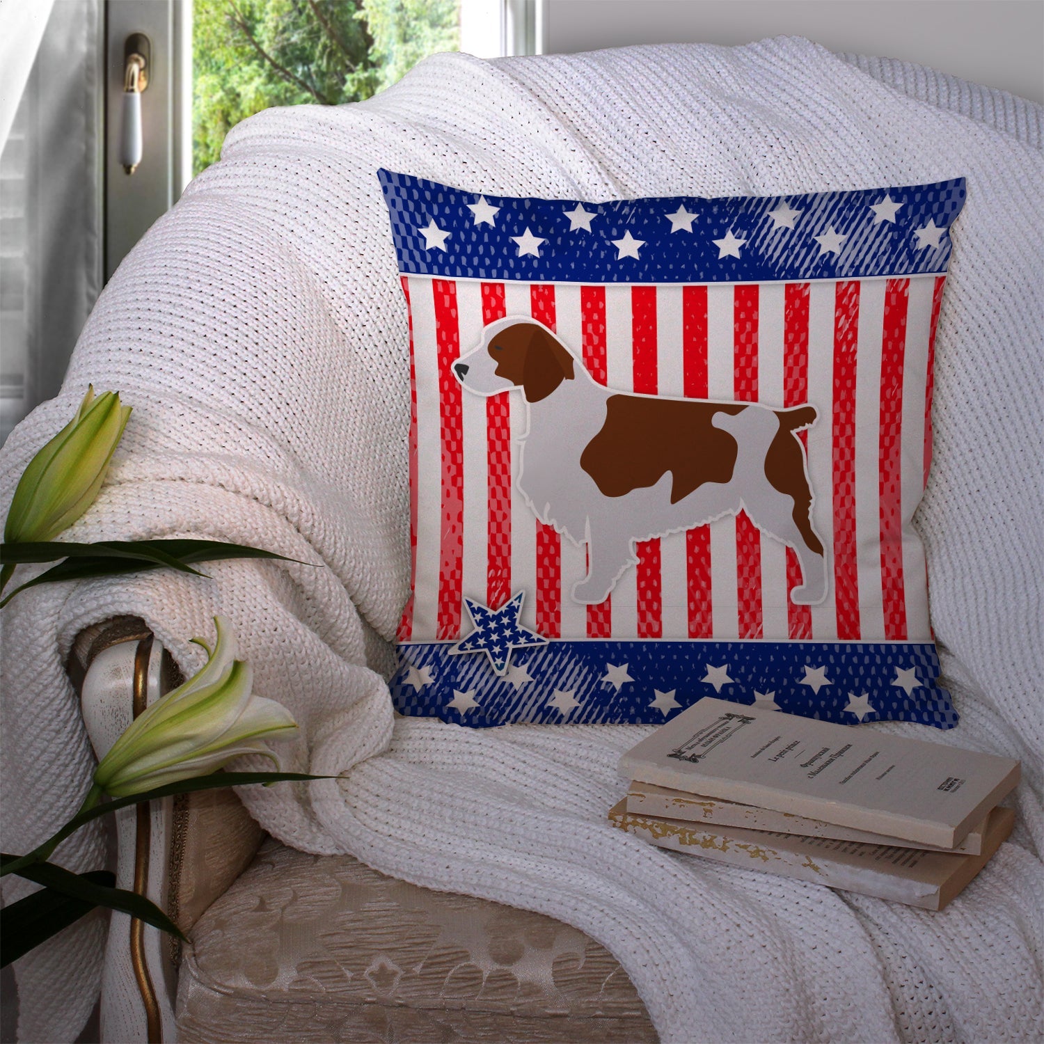 USA Patriotic Welsh Springer Spaniel Decorative Throw Pillow 14x14 Indoor Outdoor Accent Cushion, Fabric Cover with Insert for Sofa, Bed, Porch & Living Room