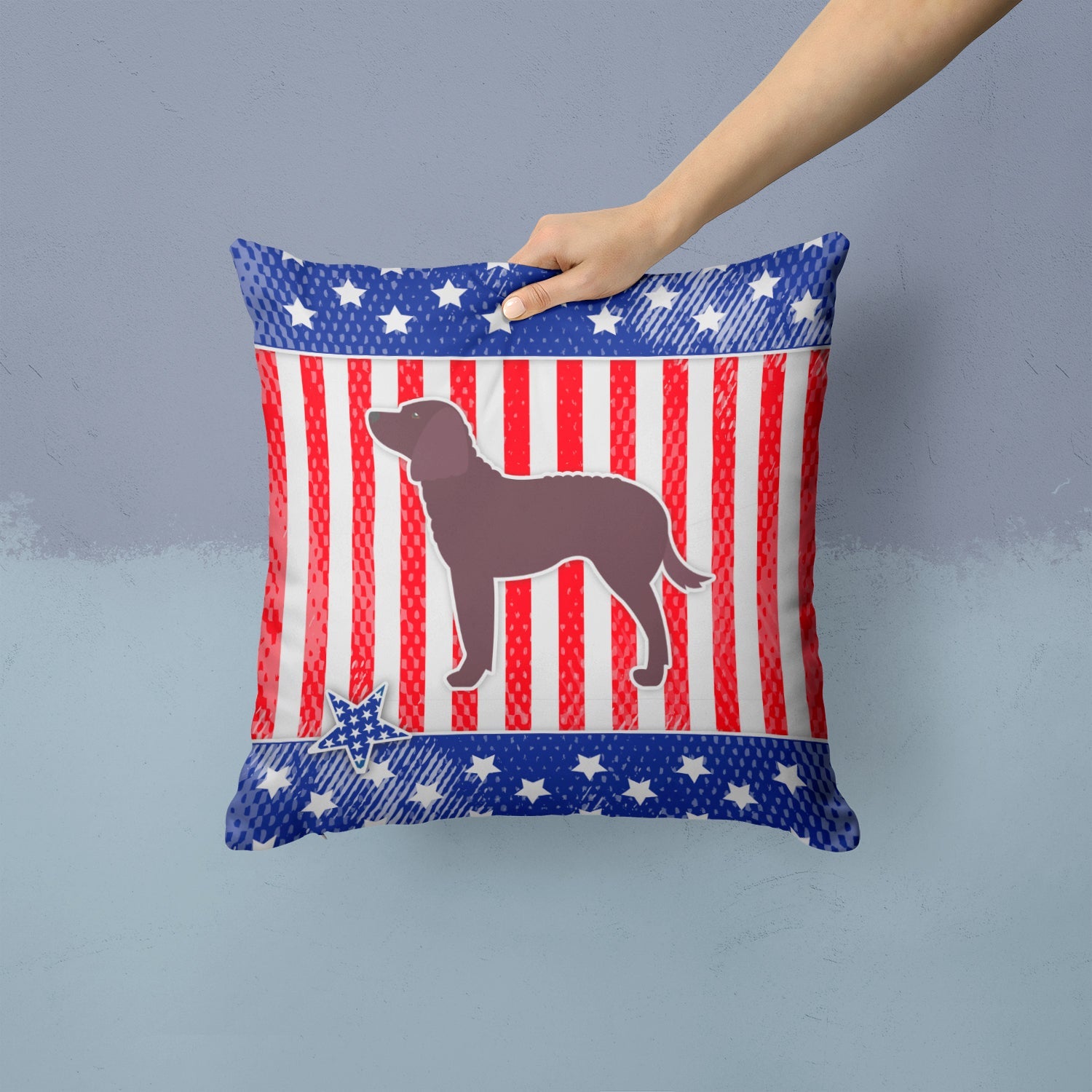 USA Patriotic American Water Spaniel Decorative Throw Pillow 14x14 Indoor Outdoor Accent Cushion, Fabric Cover with Insert for Sofa, Bed, Porch & Living Room