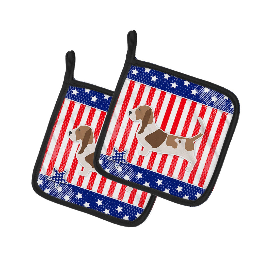 USA Patriotic Basset Hound Pot Holder Set of 2 Heat Resistant Quilted Hot Pads 7.5 x 7.5 Inch, Insulated Kitchen Trivets for Cooking & Baking