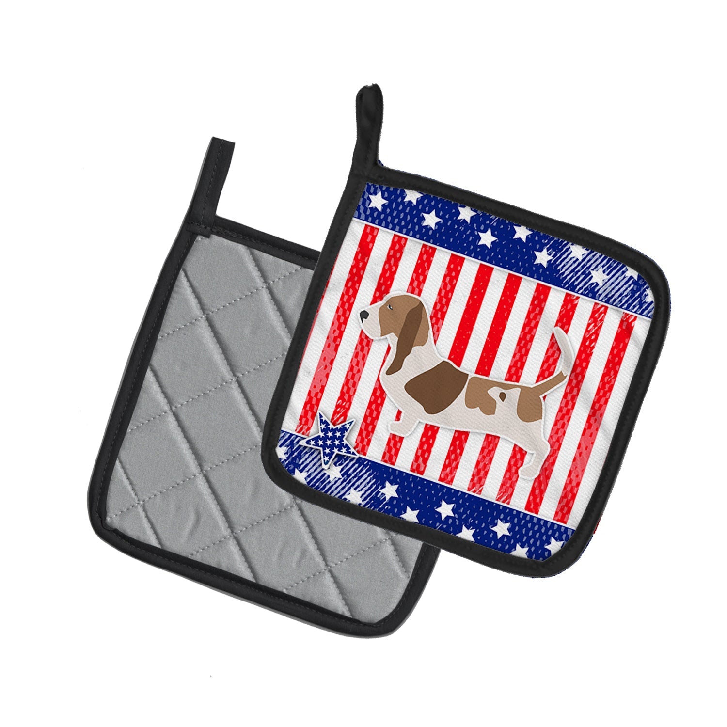 USA Patriotic Basset Hound Pot Holder Set of 2 Heat Resistant Quilted Hot Pads 7.5 x 7.5 Inch, Insulated Kitchen Trivets for Cooking & Baking