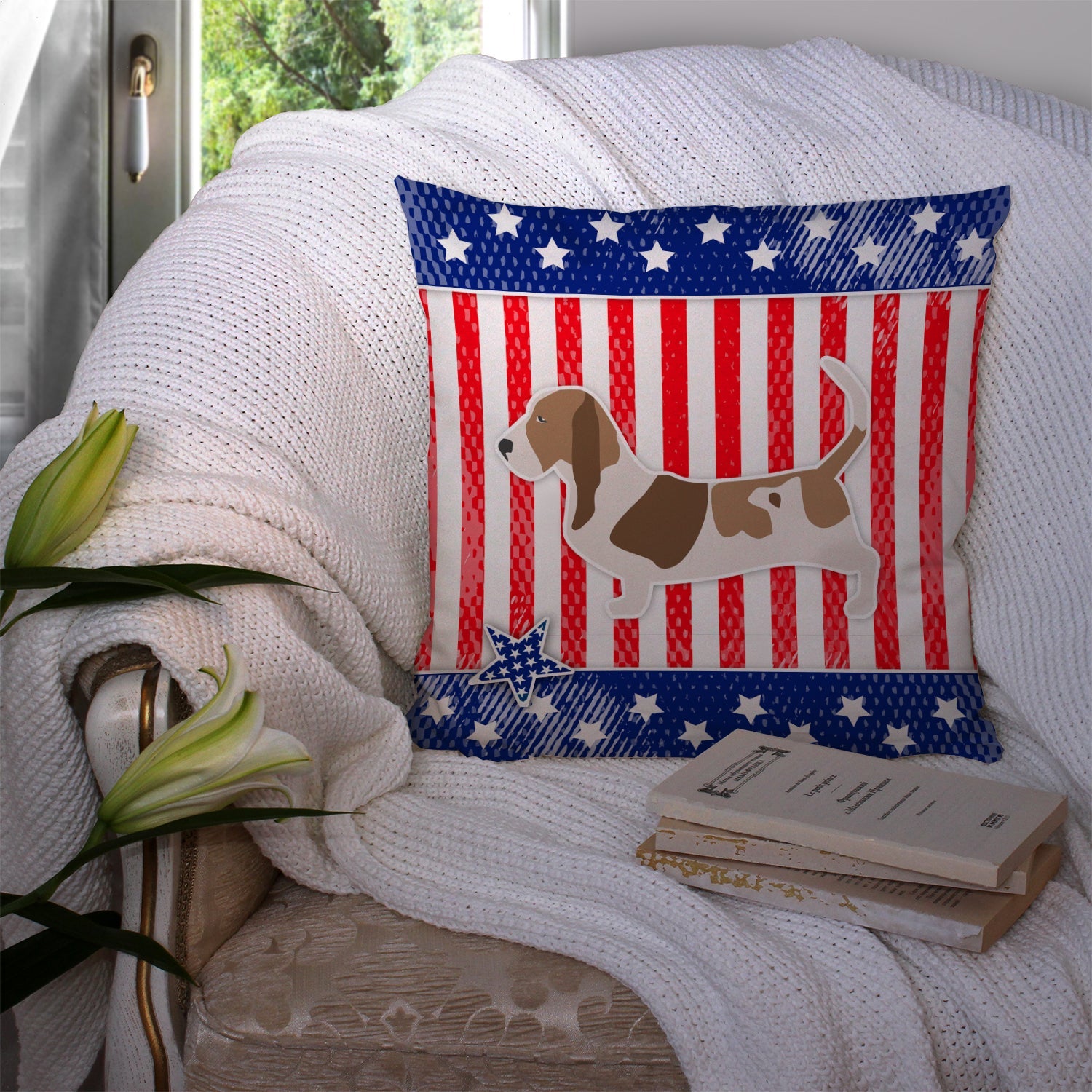 USA Patriotic Basset Hound Decorative Throw Pillow 14x14 Indoor Outdoor Accent Cushion, Fabric Cover with Insert for Sofa, Bed, Porch & Living Room