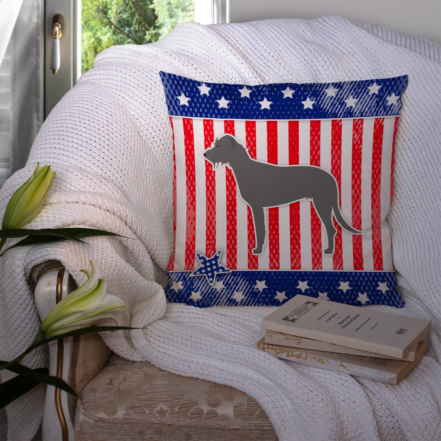 USA Patriotic Irish Wolfhound Decorative Throw Pillow 14x14 Indoor Outdoor Accent Cushion, Fabric Cover with Insert for Sofa, Bed, Porch & Living Room